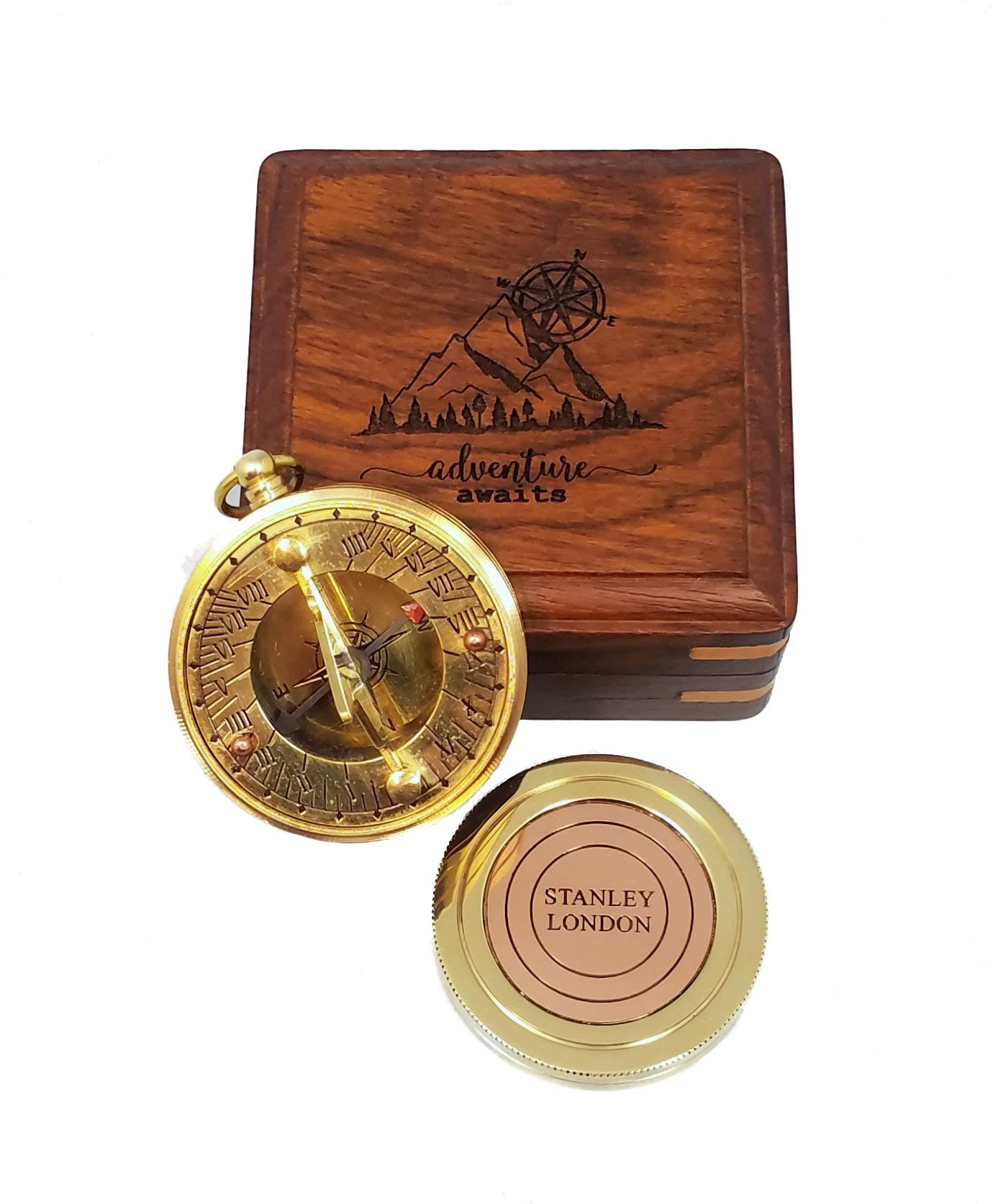 Stanley London Brass Pocket Compass in Engraved Box - Adventure Awaits - Great for Camping, Hiking, Scouting, and Orienteering