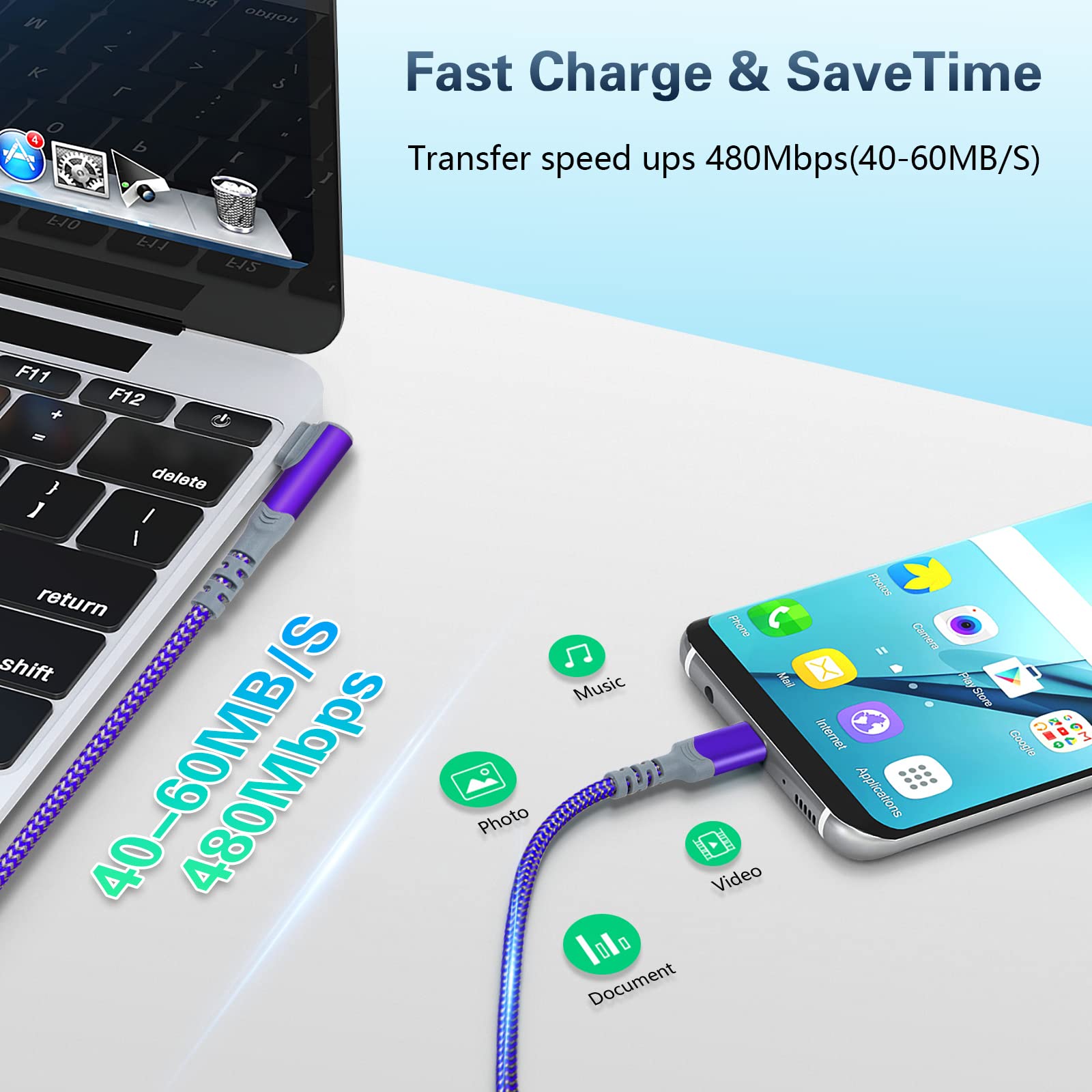 Confezione da 5: cavo da USB C a USB C, 3 m, extra lungo, ad angolo retto, 60 W/3 A, da tipo C a tipo C, cavo di ricarica veloce compatibile con Samsung S22 Ultra, Google Pixel 6, iPad Pro 12.9 Air