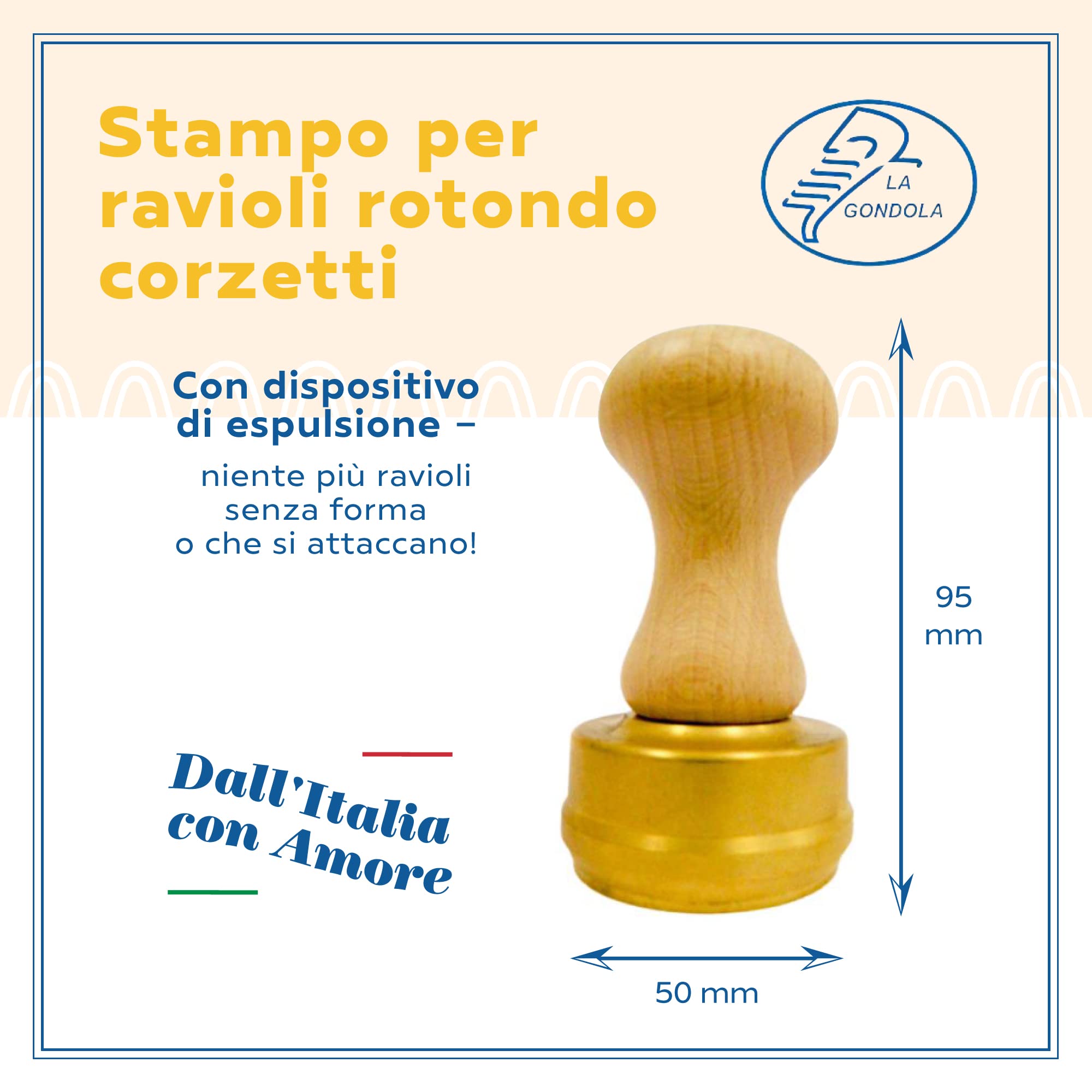 LA GONDOLA Stampo Professionale per Corzetti Liguri, Tondo diametro 50mm, Corpo in Ottone Impugnatura in Legno, Made In Italy
