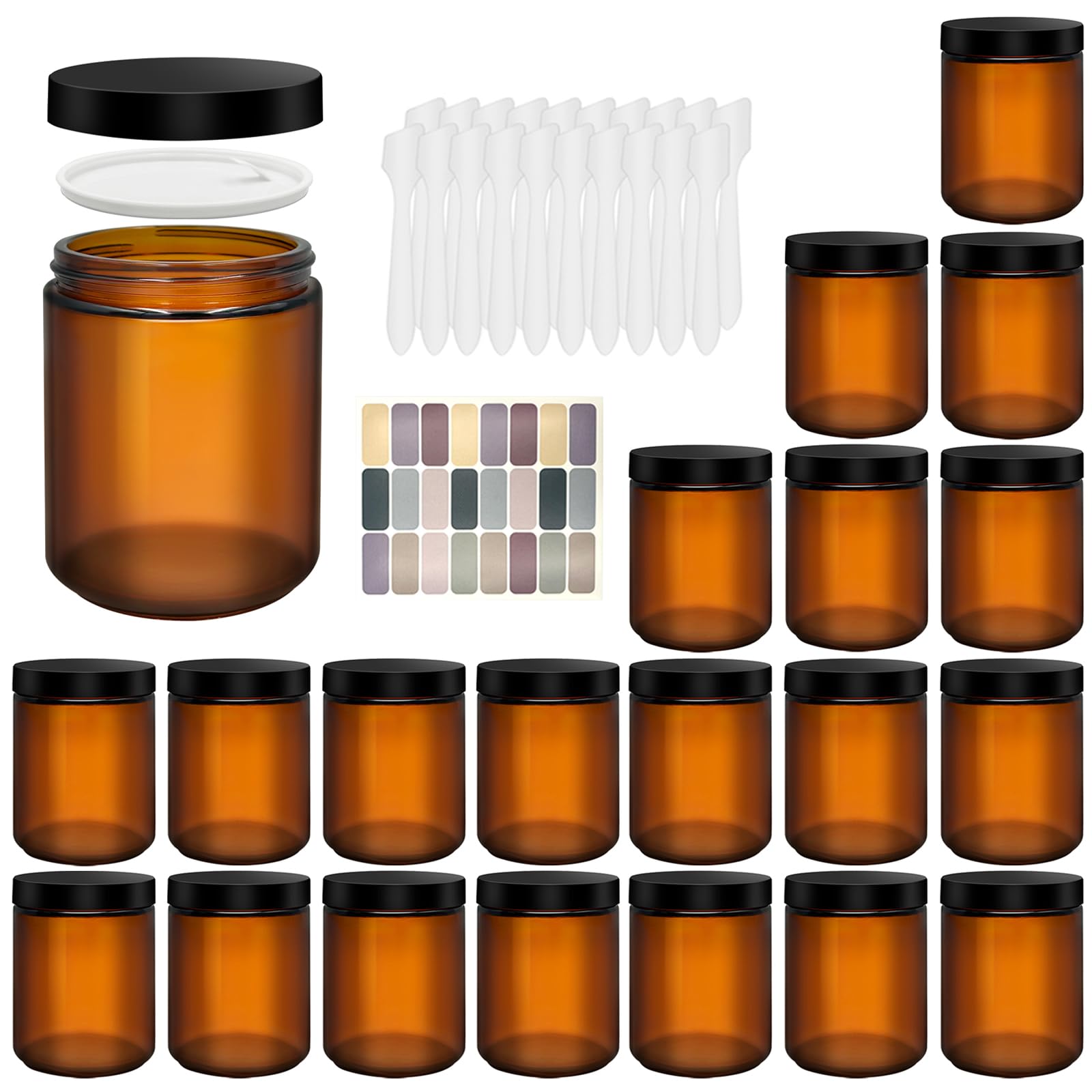 Bernsteinfarbene Glasdosen mit schwarzem Deckel, leere Kosmetikgläser mit 20 Spateln und 24 bunten Etiketten, 240 ml, große nachfüllbare Cremegläser für Hautpflege, Lotion, Kerzen, DIY und Reise-Set