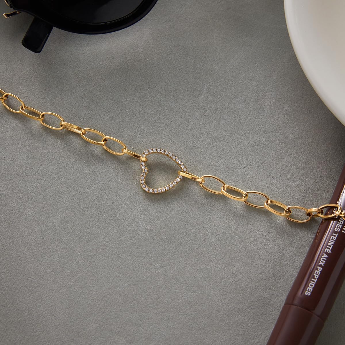 Kokoma Rhinestone Heart Link Bracelet for Women, Cubic Zirconia Hollow Love Heart Bracelet Chunky Thick Chain Stainless Steel Dainty Hand Jewelry - Image 5