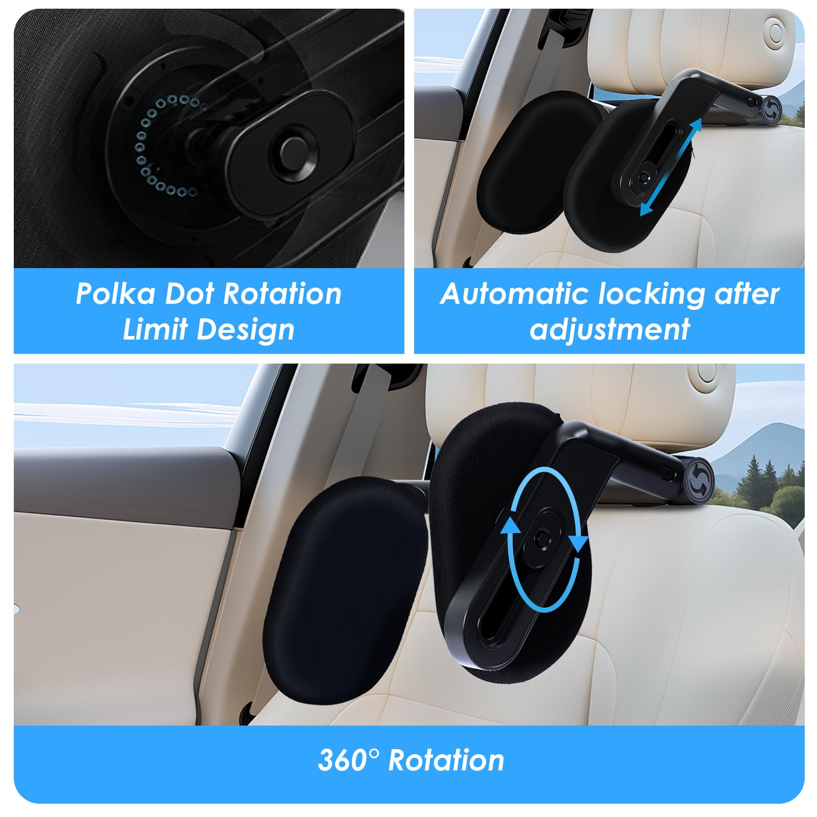 Appuie-Tête Voiture Enfant & Adulte | Cale Tête 360° Rotatif 2025 | Repose-Tête Mousse Mémoire | Mécanisme 3 Points | Pour Dormir en Voiture (Noir/lot de 1)