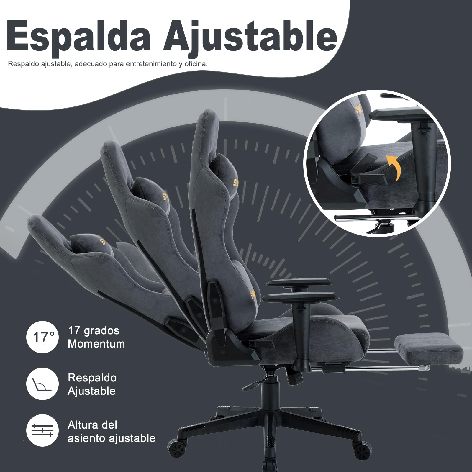Symino Silla Gaming Ergonómica Reclinable con Reposapiés Ajustable, Soporte Lumbar y Reposacabezas Regulable, Altura Ajustable para Adultos hasta 200kg (Gamuza Artificial,Grey)