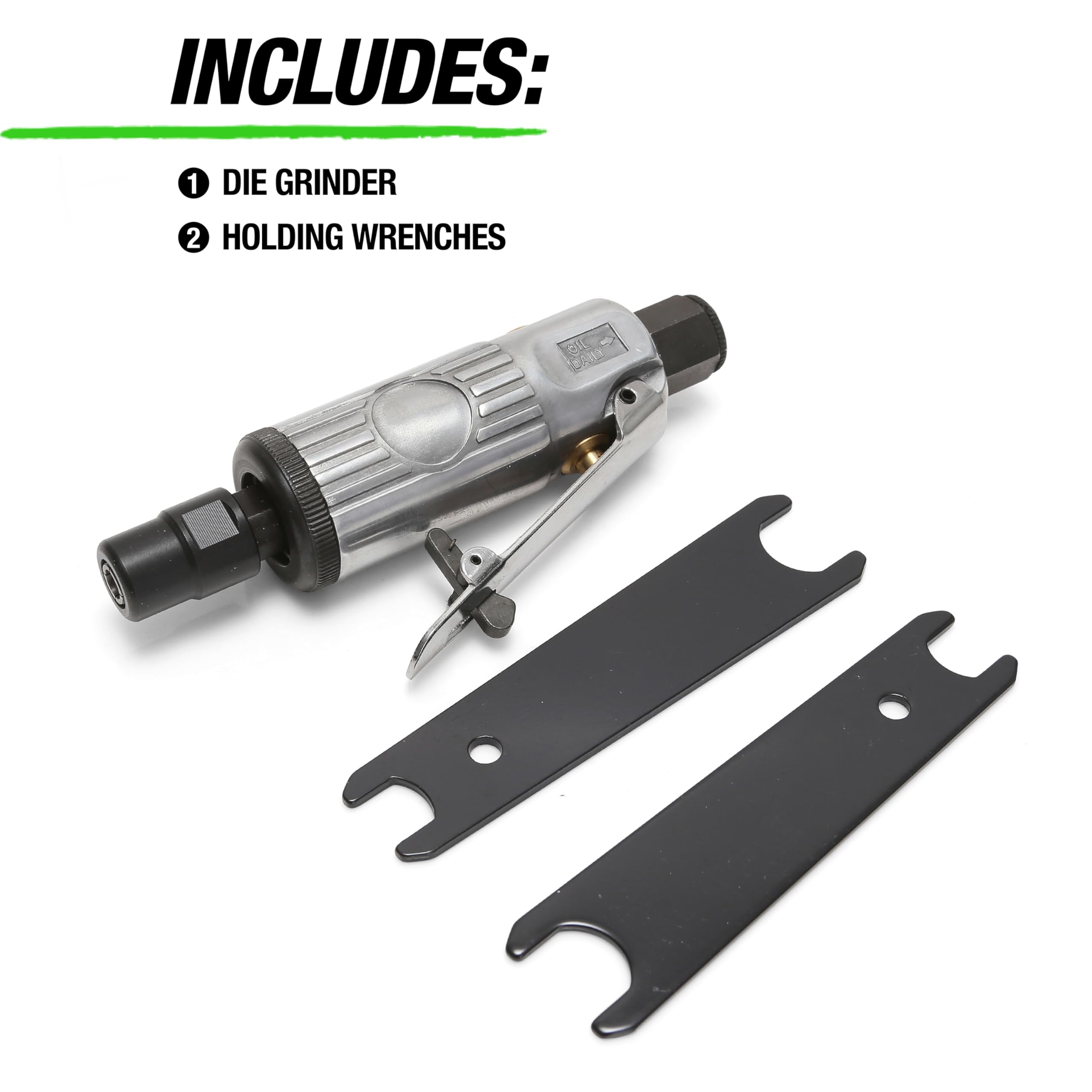 OEMTOOLS 25761 3 Inch Mini Die Grinder, Compact Pneumatic Grinder Precision Tool With Throttle Lock and Silencer, 26,000 Free Speed Air Sander Tool, Includes 2 Wrenches