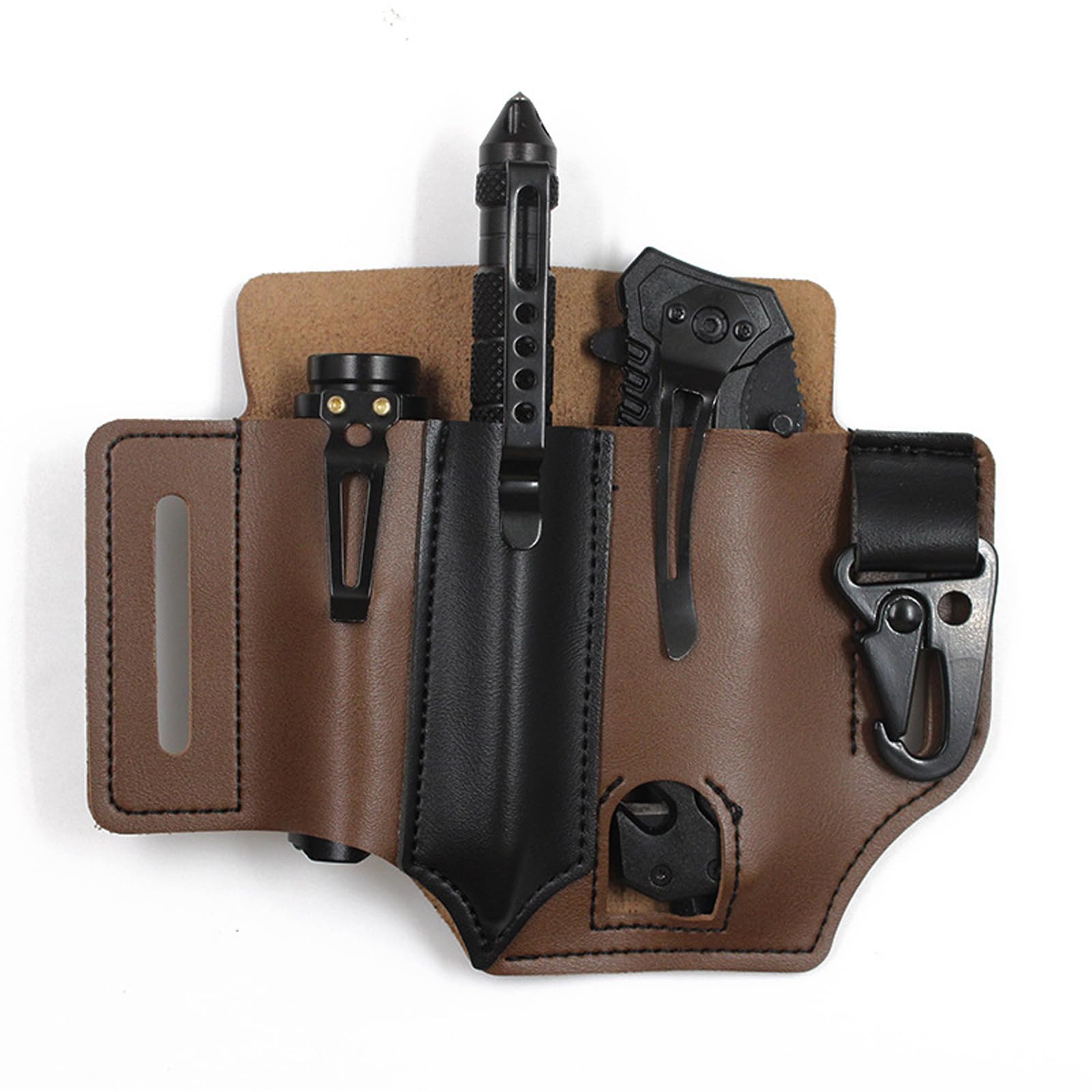 Leather Multitool Sheath, EDC Belt Organizer for Work and Daily Use, Practical Belt Pouch, Belt Holder with Multitool Pouch, Sheath for Belt for Knives, Flashlights, Tactical Pens, Tools, Brown