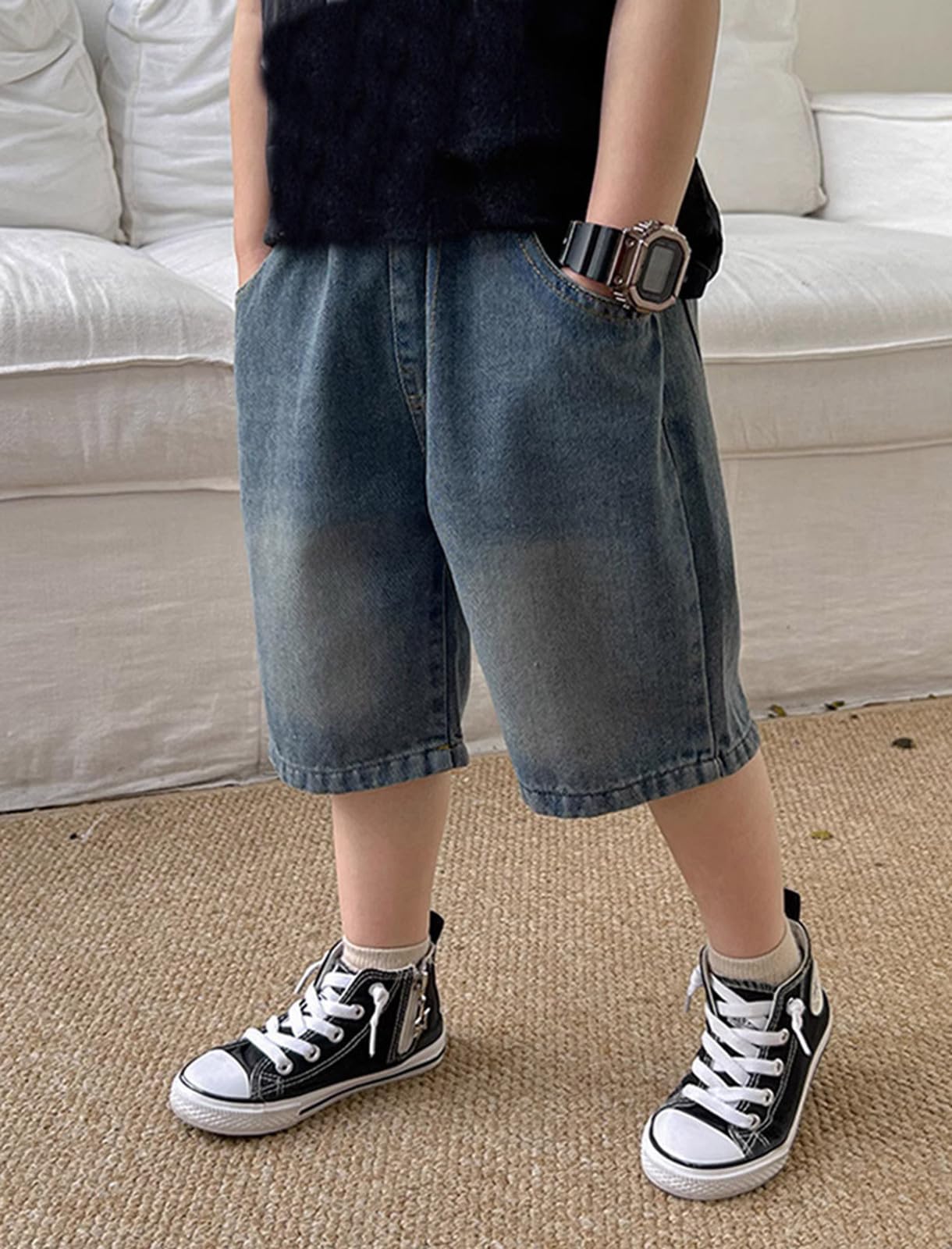 Short Baggy en Jean Adolescents Bermuda Denim Shorts Plat l’Avant Tissé Confortable et Respirant avec Taille Lastique Running Ado Garcon 4-14 Ans