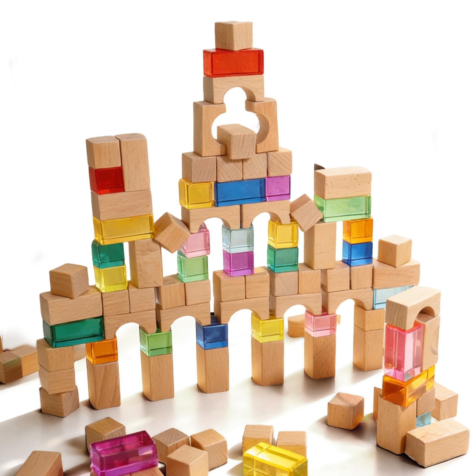 Juego de 100 bloques de construcción de madera de haya y acrílico