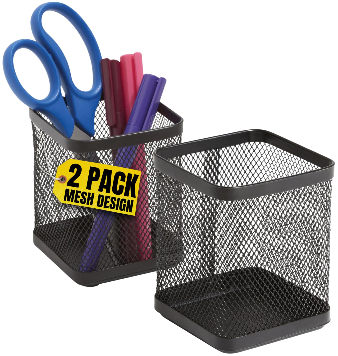 1InTheOffice Pen Cup Holder, Metal Mesh Pencil Cup Holder, Stackable Wire Mesh Regular Pencil Holder, Matte Black 2 Pack