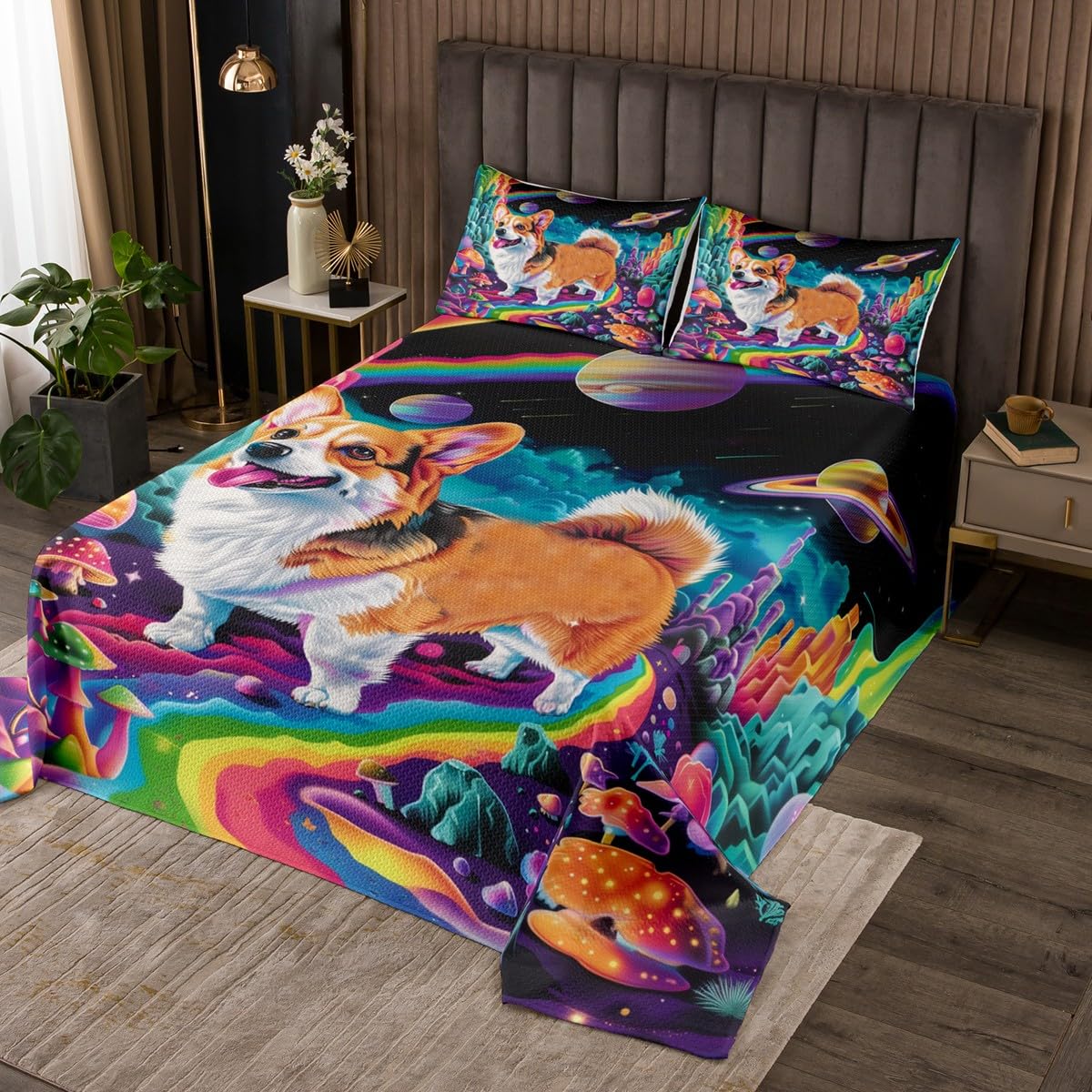 Manfei Corgi Dog Bedspread King,Outer Space Mushroom Cute Puppy Pet Animal Trippy Quilted Coverlet 3pcs for Adults Teens Room Decor,Rainbow Sky Starry Galaxy Planets Soft Breathable Bedding Quilt
