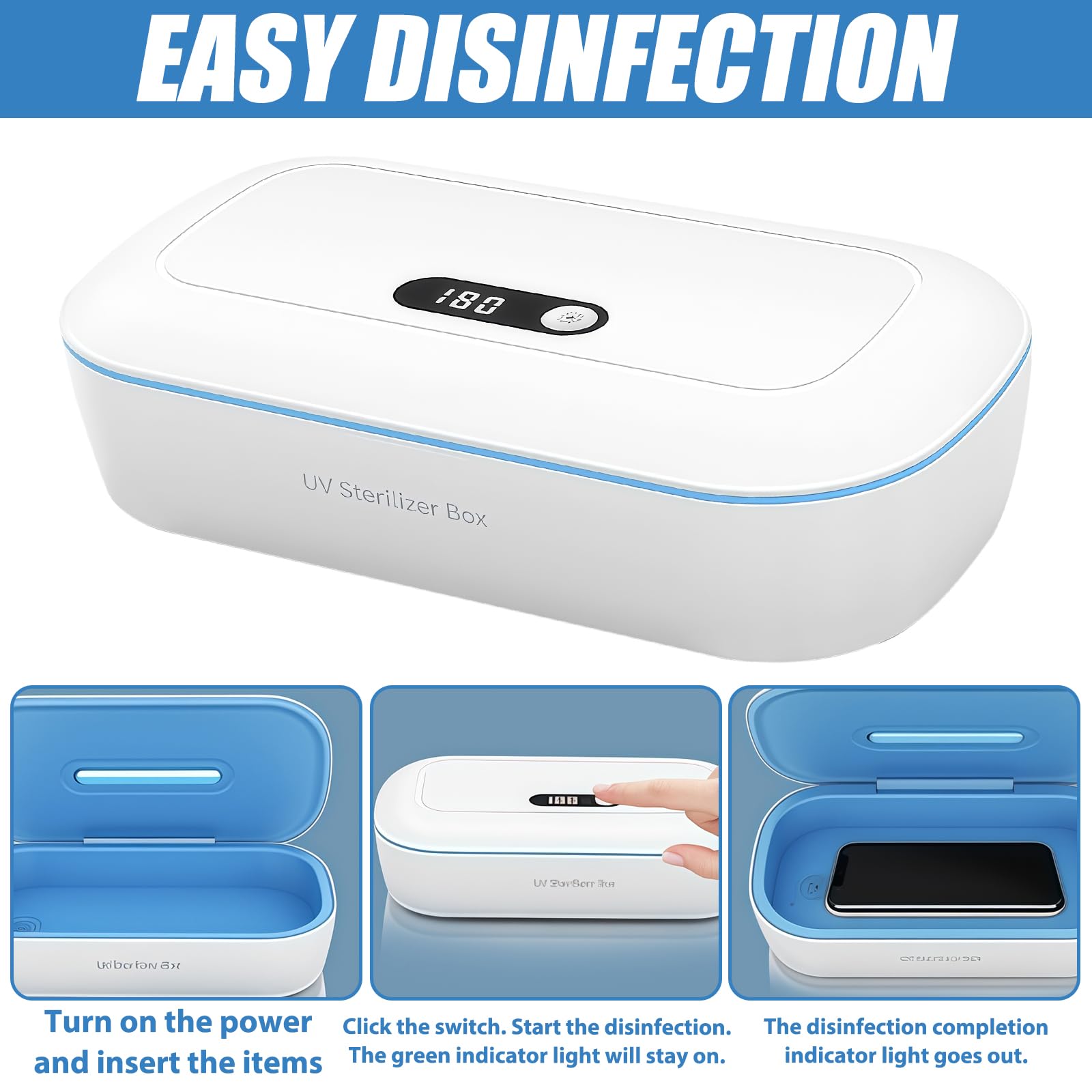 Disinfettante UV per cellulare in ABS: scatola disinfettante UV con display digitale, alimentazione tramite USB, sterilizzatore per unghie, con 2 contagocce per cellulare, maschere, occhiali