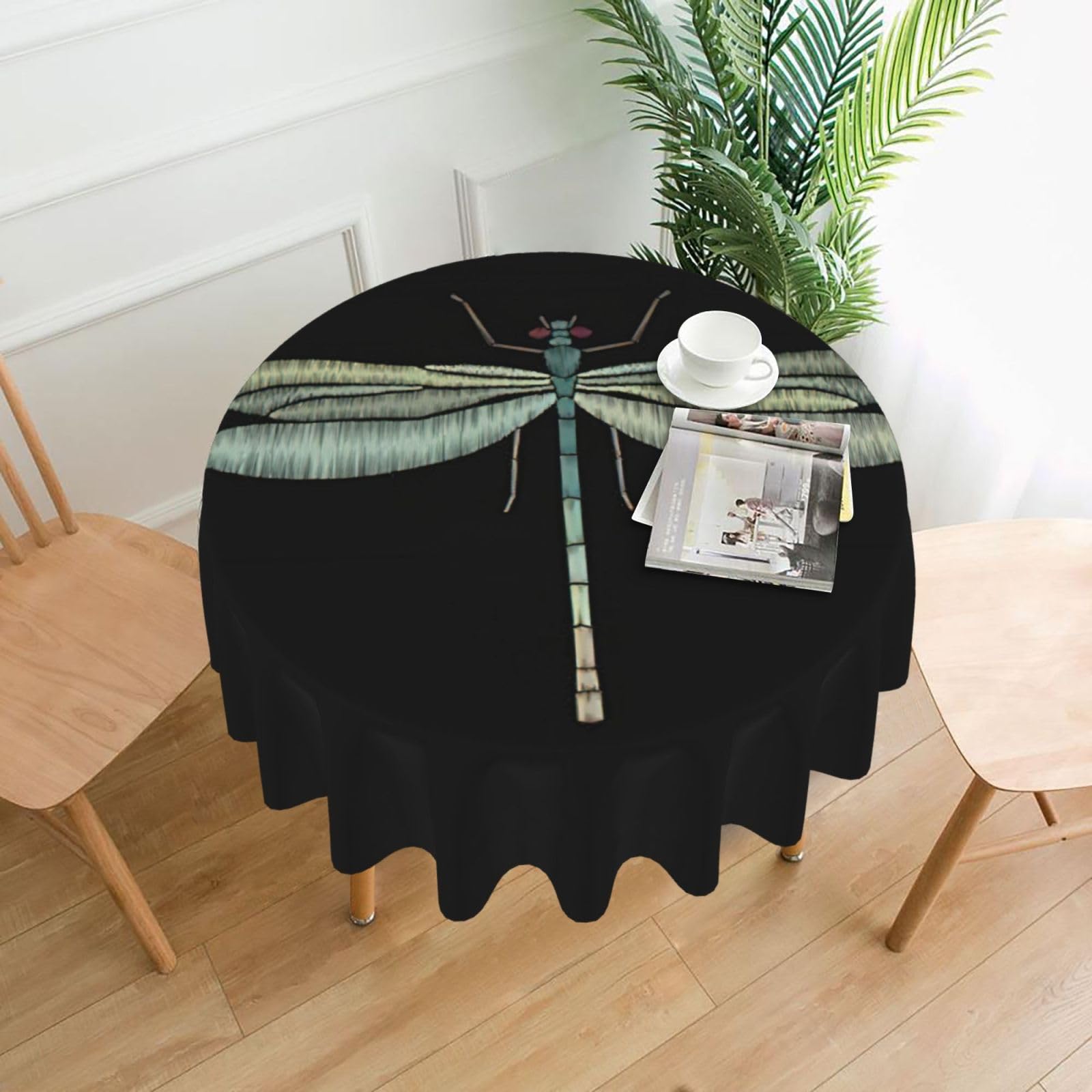 Uusnwaa Dragonfly Black Print Round Tablecloth 60 Inch, Stain Wrinkle Resistant Washable Polyester Table Cover For Kitchen Party