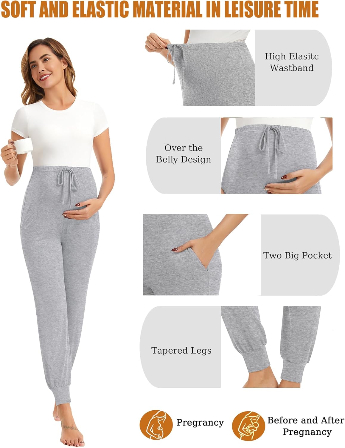 SWOMOG Women's Maternity Pants Stretchy Pregnancy Pajamas Pants Lounge Sweatpants Joggers with Pockets - Image 5