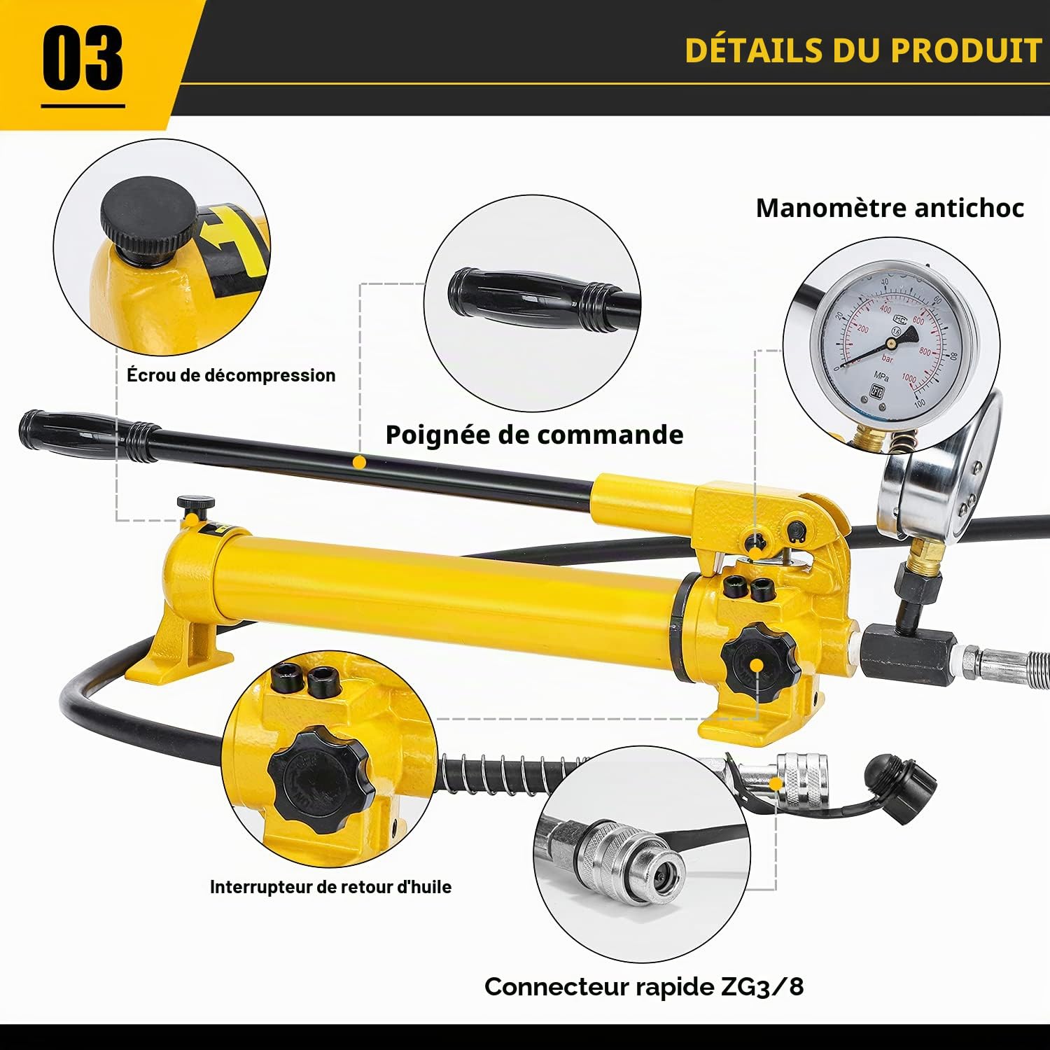 CGOLDENWALL CP-700 Pompe Hydraulique Manuelle, avec Tuyau de 1,8m, Haute Pression 700kg/cm², Contenu en Huile 900cc, pour Utilisation avec Variété d'Outils Hydrauliques