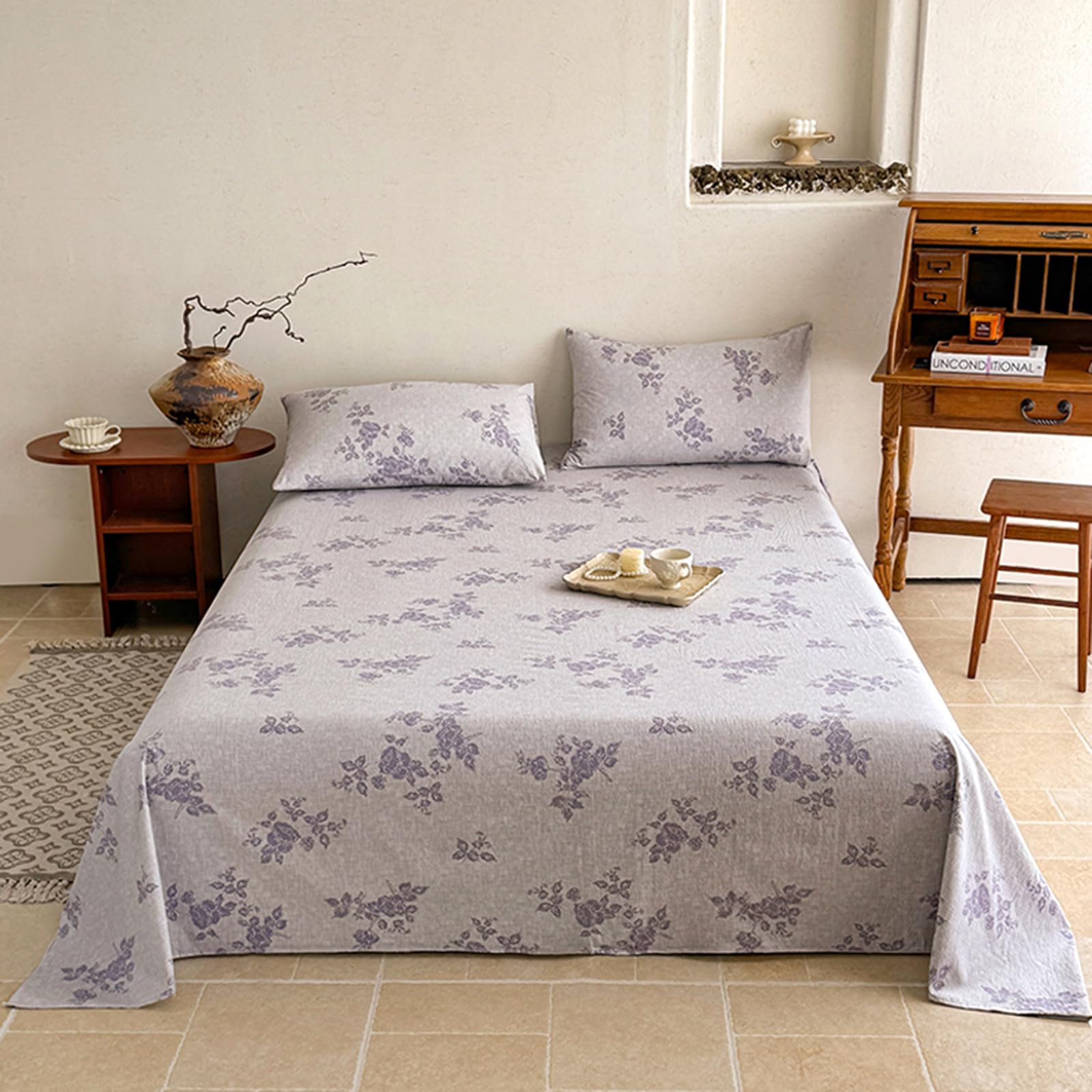ZCXRYFL Thick Bed Sheet Soft Cotton Bedding Single Double Queen King Flat Sheet Floral Pattern Mattress Decorative Blanket Sheets, Breathable, Washable, Vintage Style(200x230cm,Purple 3)
