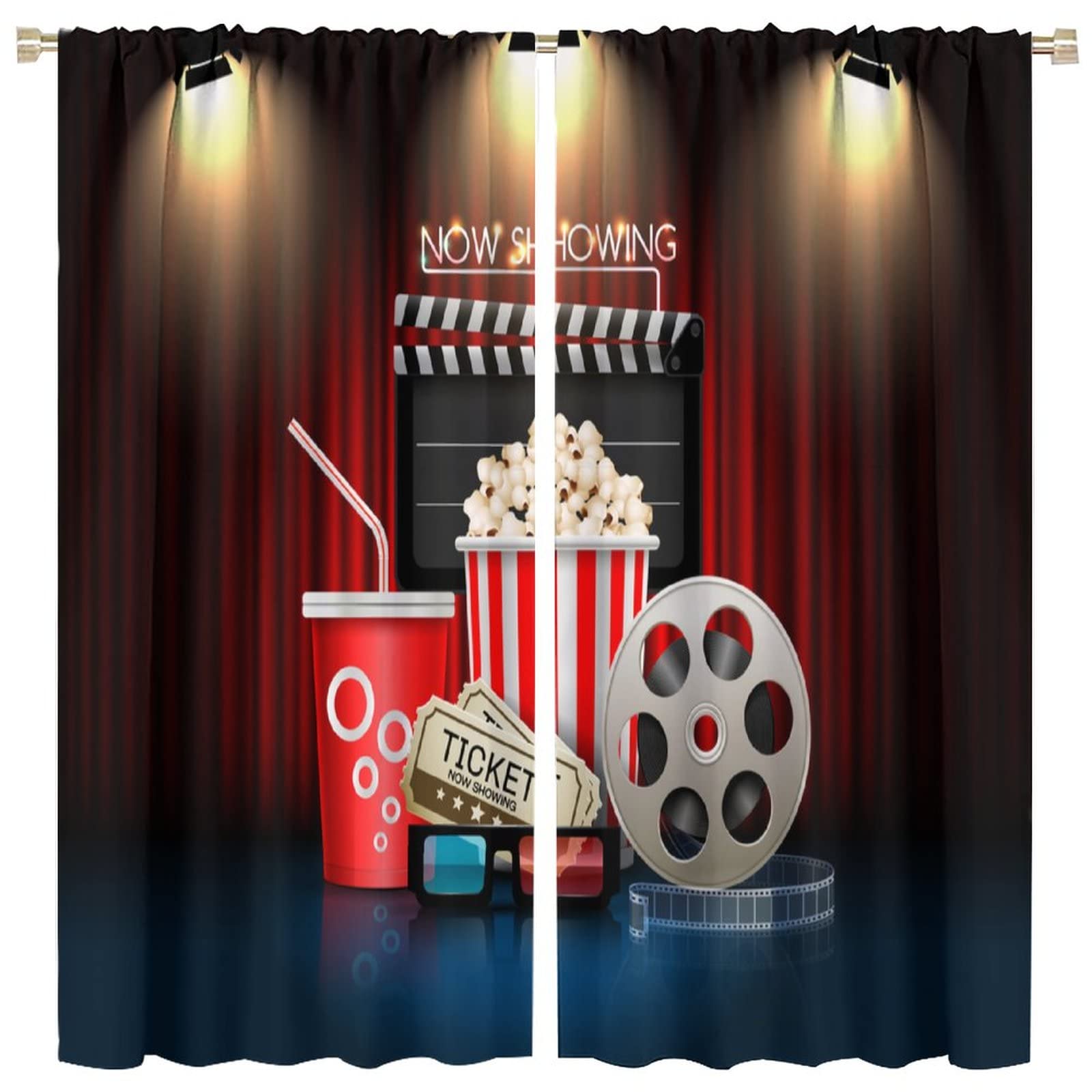 BenYaSong Vintage Cinema Movie Theater Blackout Window Curtain Carpet Home Theater Decor for Cafe Room Chidren Window Curtain Drapes 2 Panels 63x63in
