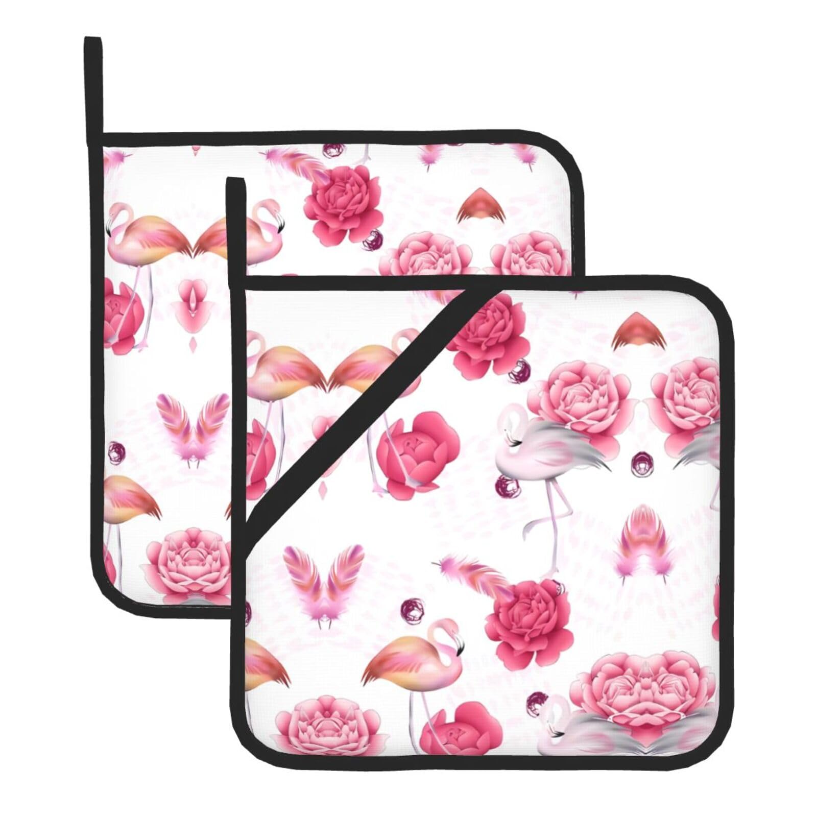 WHJSHOP Pink Flamingos Prints Square Pot Holders - Waterproof Heat Resistant Kitchen Throw Pads for Hot Bowls & Dishes, Durable Oven Mitt Layers with Hanging Loop - Set of 2