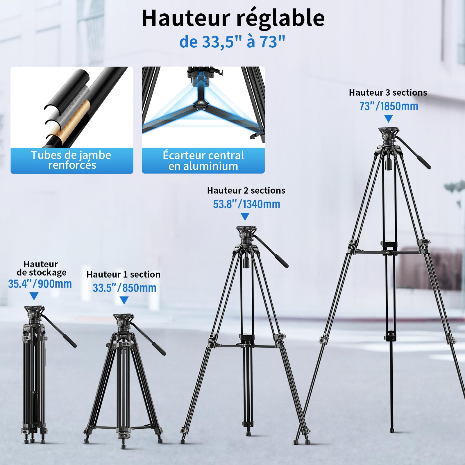 SIRUI Trépied Vidéo 73 Pouces Avec Tête de Fluide, Mécanisme de Libération Rapide, Robuste Pour Appareil Photo Reflex Numérique, Caméscope à Charge Utile de 10 KG (AVT-11)