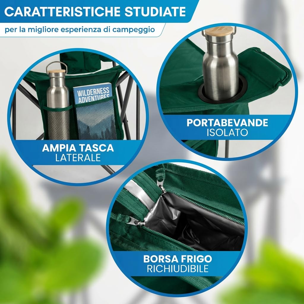 NORDMUT® Sedia da campeggio pieghevole leggera – stabile con portata 200 kg – Comoda sedia da pesca con pratica borsa frigo e portabicchieri (Verde 1x)