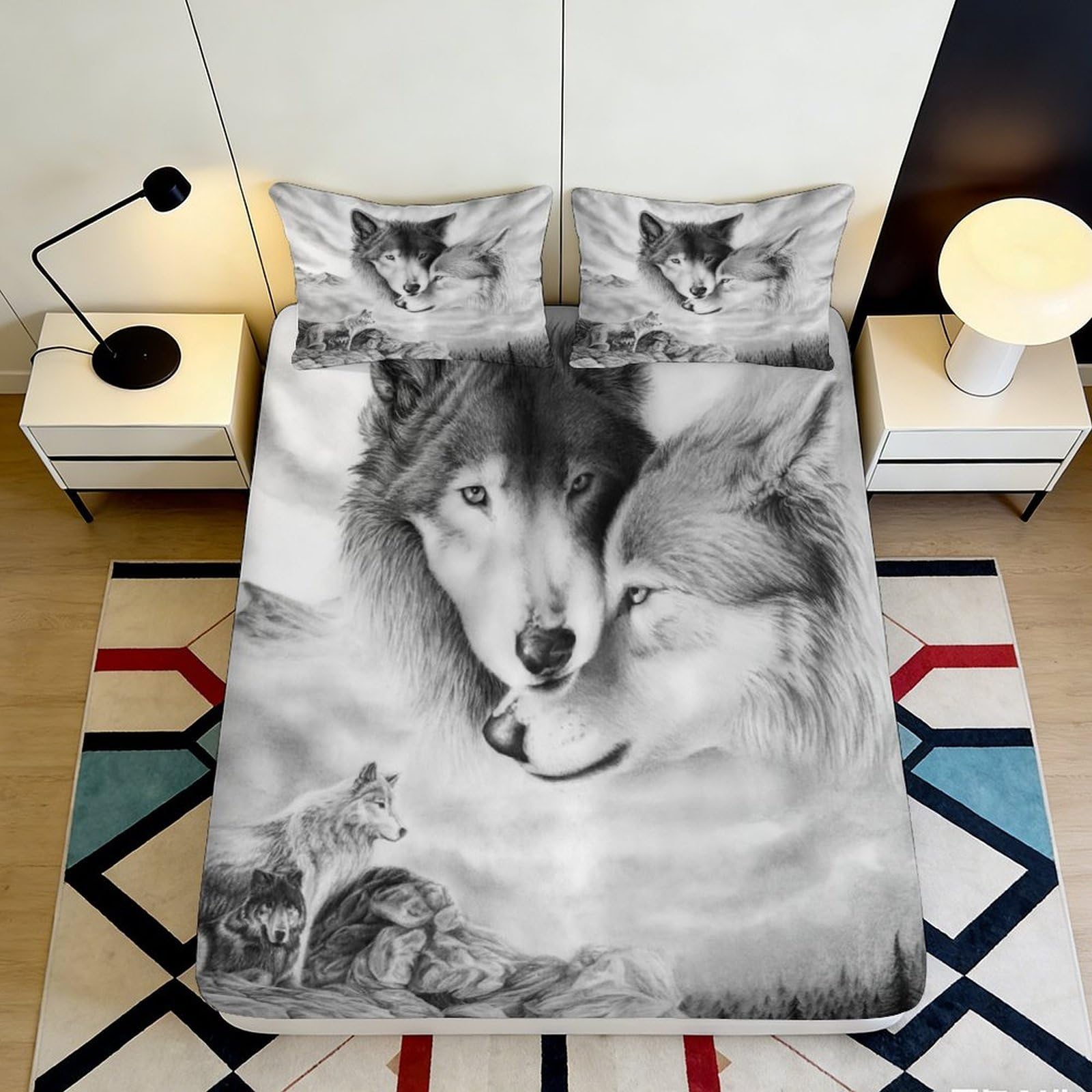 Pnayamiorkfel Style-6 3D Printed Wolf Couple Fitted Sheet Microfiber Grey Animal Bed Cover For Bedroom Guest Room Dustproof Easy Care 90X200x25cm