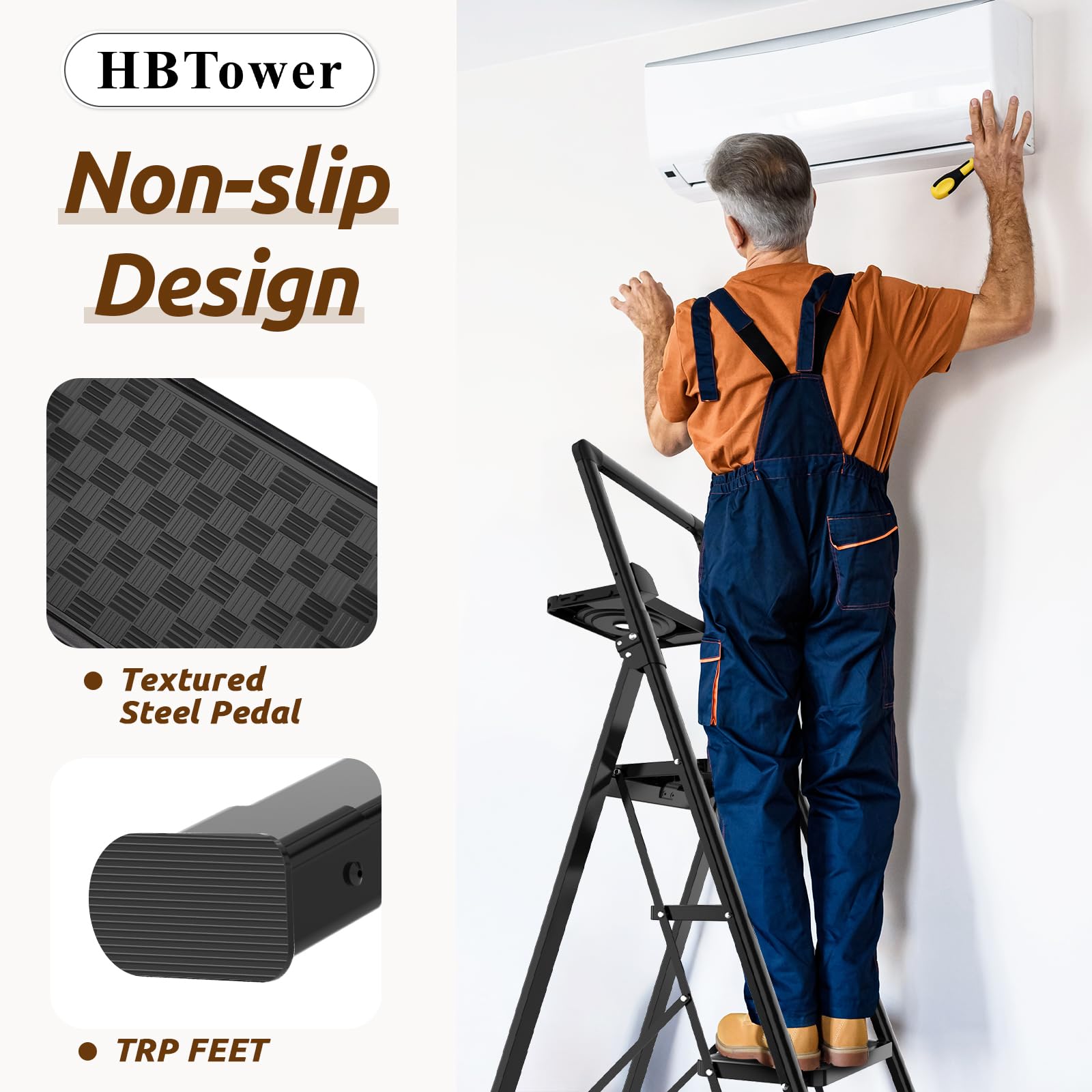 HBTower Scala 5 Gradini Pieghevole con Vassoio Porta-Attrezzi, Sgabello Compatto, Struttura in Acciaio Robusto, Portata 150 kg, Portatile per Casa e Cucina
