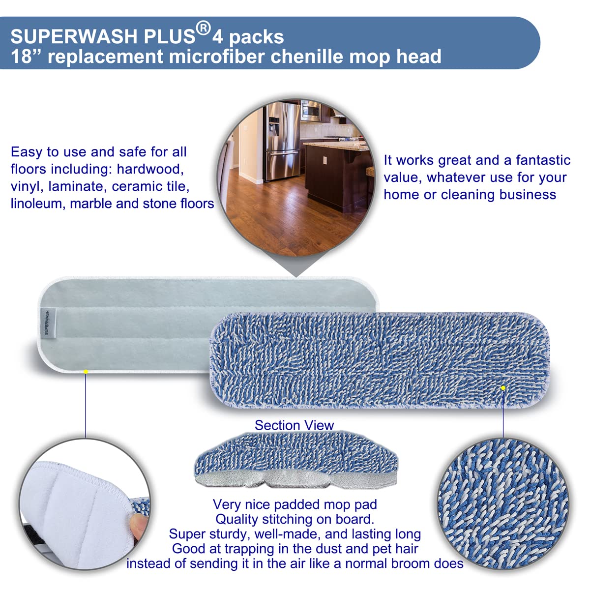 Almohadillas de microfibra de repuesto para limpieza de pisos, almohadilla de limpieza de polvo de 18 x 5 pulgadas, compatible con mopa Bona, cabezal de fregona seca reutilizable para fregona plana de