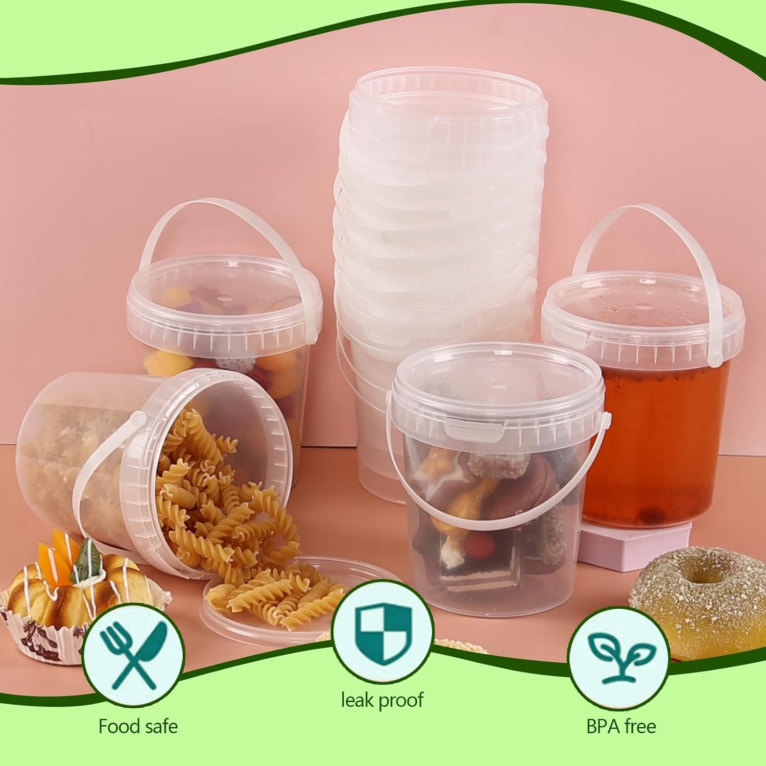 20 PCS Clear Ice Cream Bucket with Handle, 27 Oz Round Plastic Ice Cream Tub with Lid