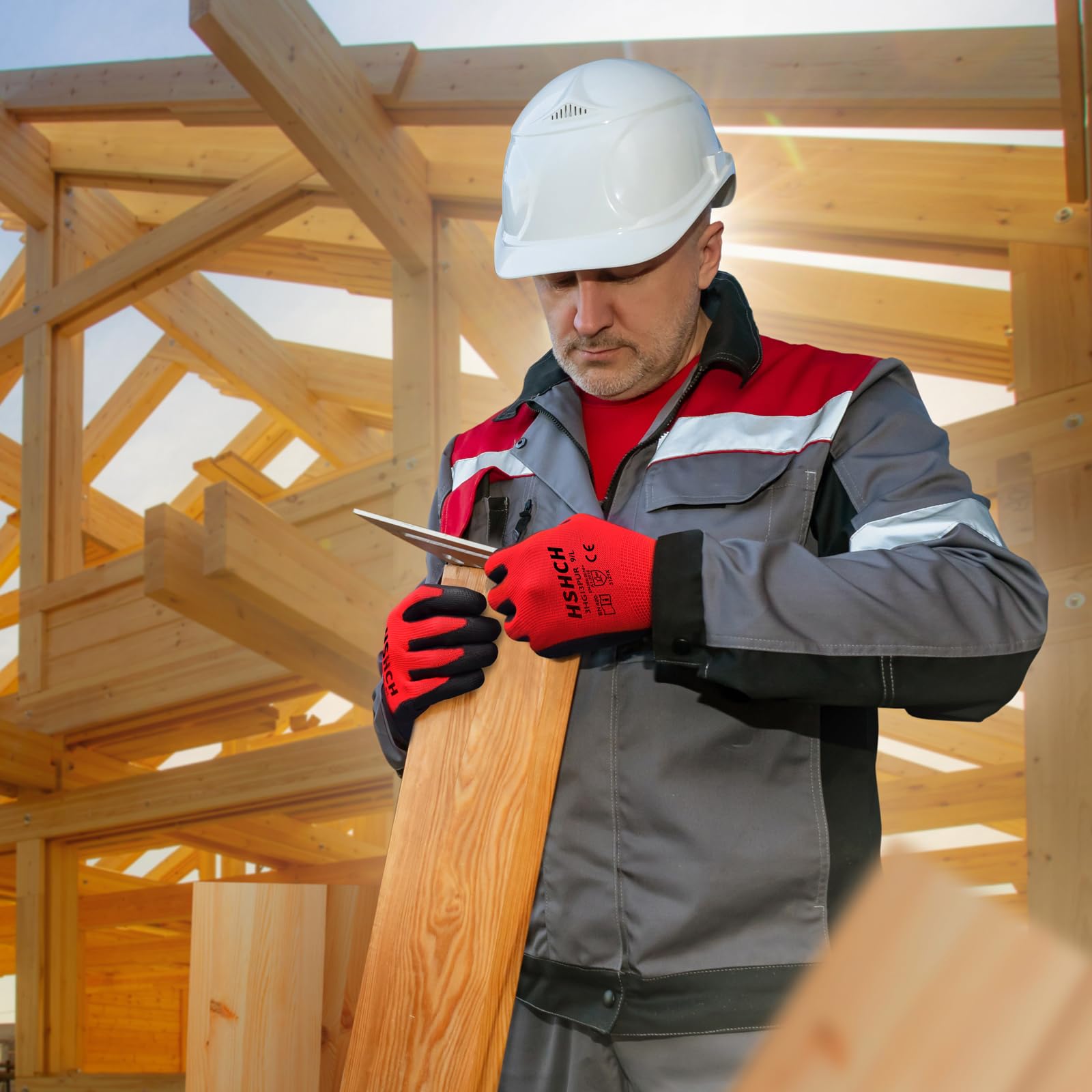 Guanti da lavoro per uomo e donna, 12 paia, rivestiti in PU, senza cuciture, guanti di sicurezza con impugnatura, ideali per lavori generici, magazzini, auto, fai da te (S, rosso)