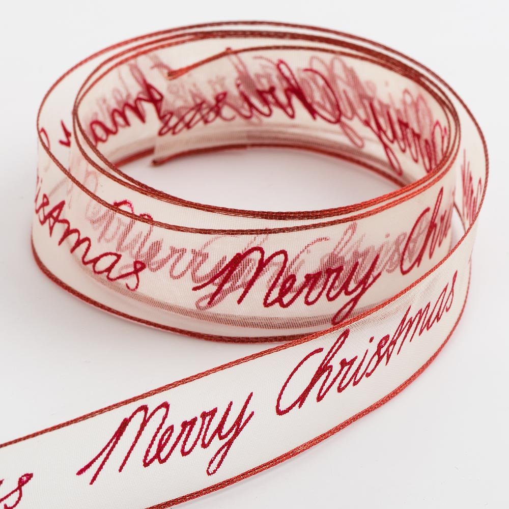 Italian Options Merry Christmas Red Organza Ribbon, Wired Christmas Ribbon for Gift Wrapping, Crafts, Weddings, Wreaths, Tree Decorations, Red, 25 mm x 10 Metre Roll