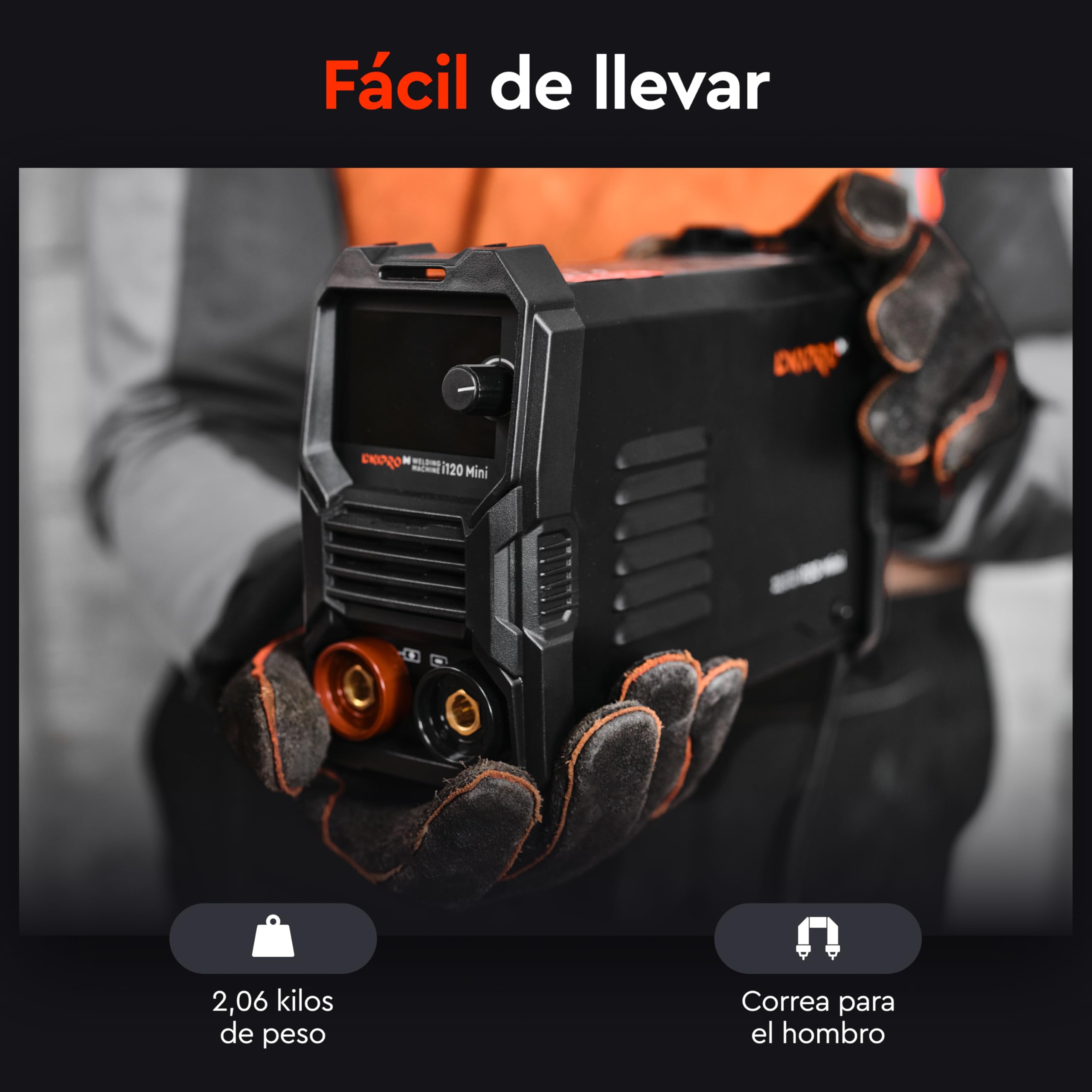 Soldador Inverter 120A MMA 2,06 kg con Tecnología IGBT, Hot Start, Arc Force, Anti Stick y VRD, Pantalla LED y Cables para Electrodos 1,6–3,2 mm – i120 Mini