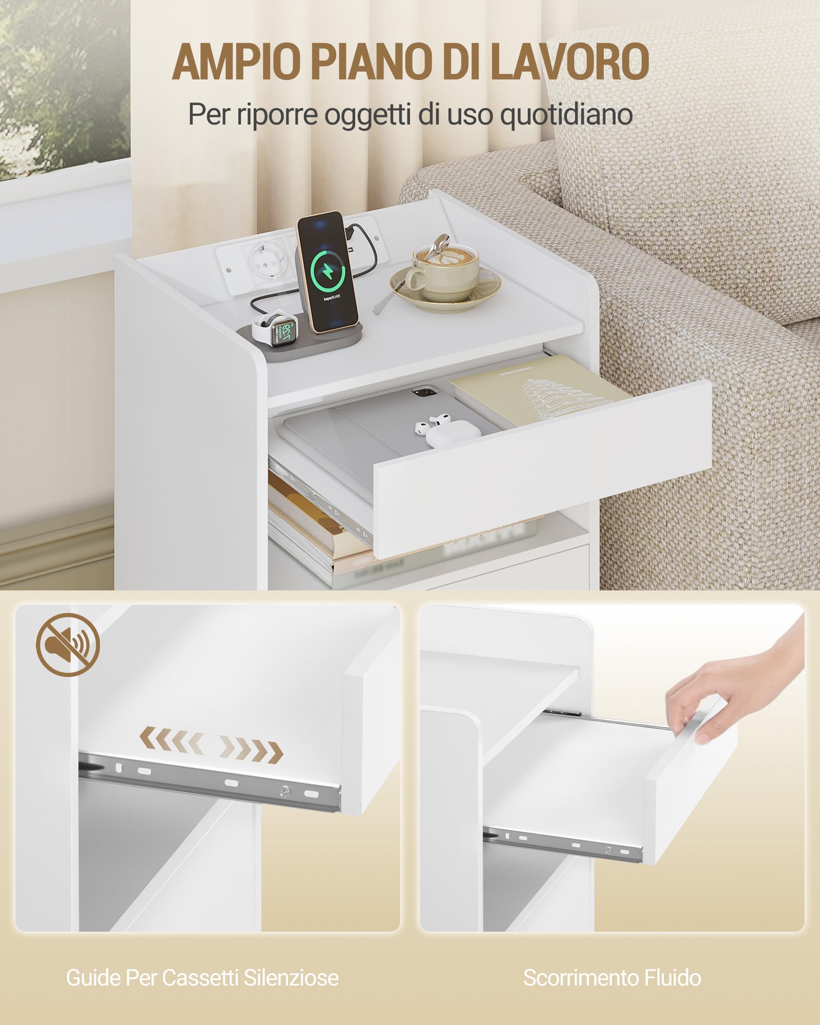 Hzuaneri Comodino Set di 2, Comodini Camera da Letto con Luce LED e Stazione di Ricarica, 2 Cassetti, Tavolino con vassoio, 35 x 40 x 60 cm, Soggiorno, Bianco NS33603XEU