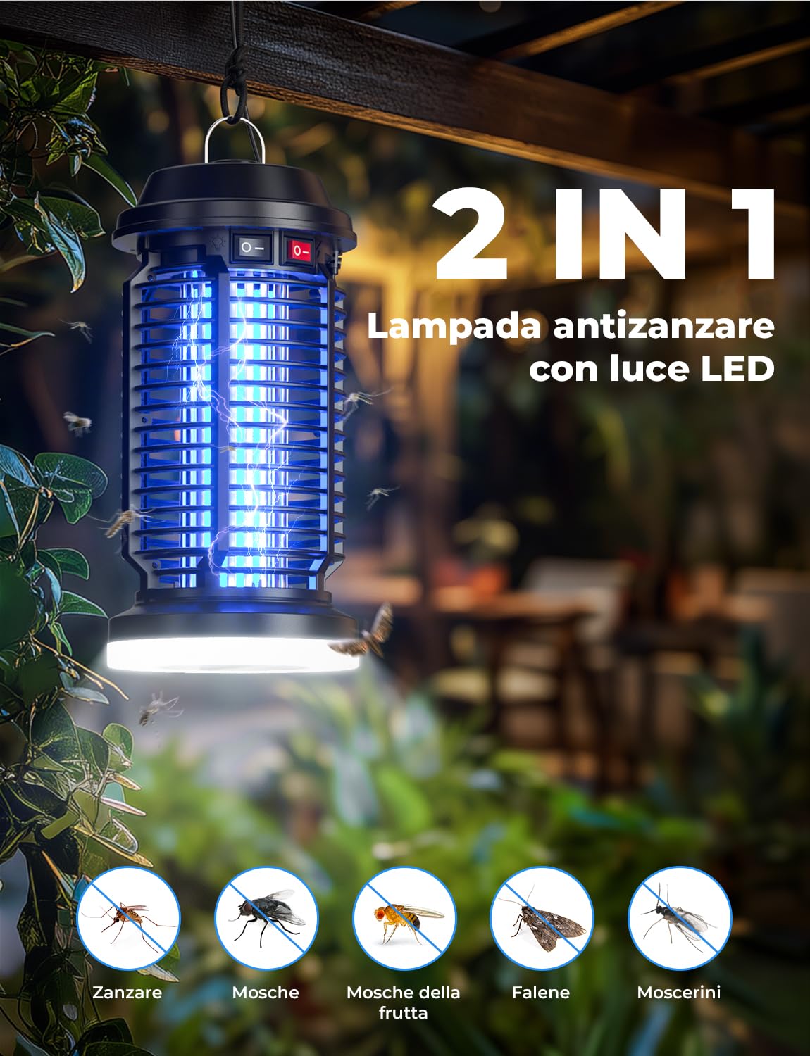 YISSVIC Lampada Antizanzare Elettrica 4200V con Luce LED, Impermeabile IPX4, Zanzariera Elettrica, Trappola UV per Zanzare per Giardino, Esterni e Interni, con Spazzole di Pulizia - Efficace e Sicura