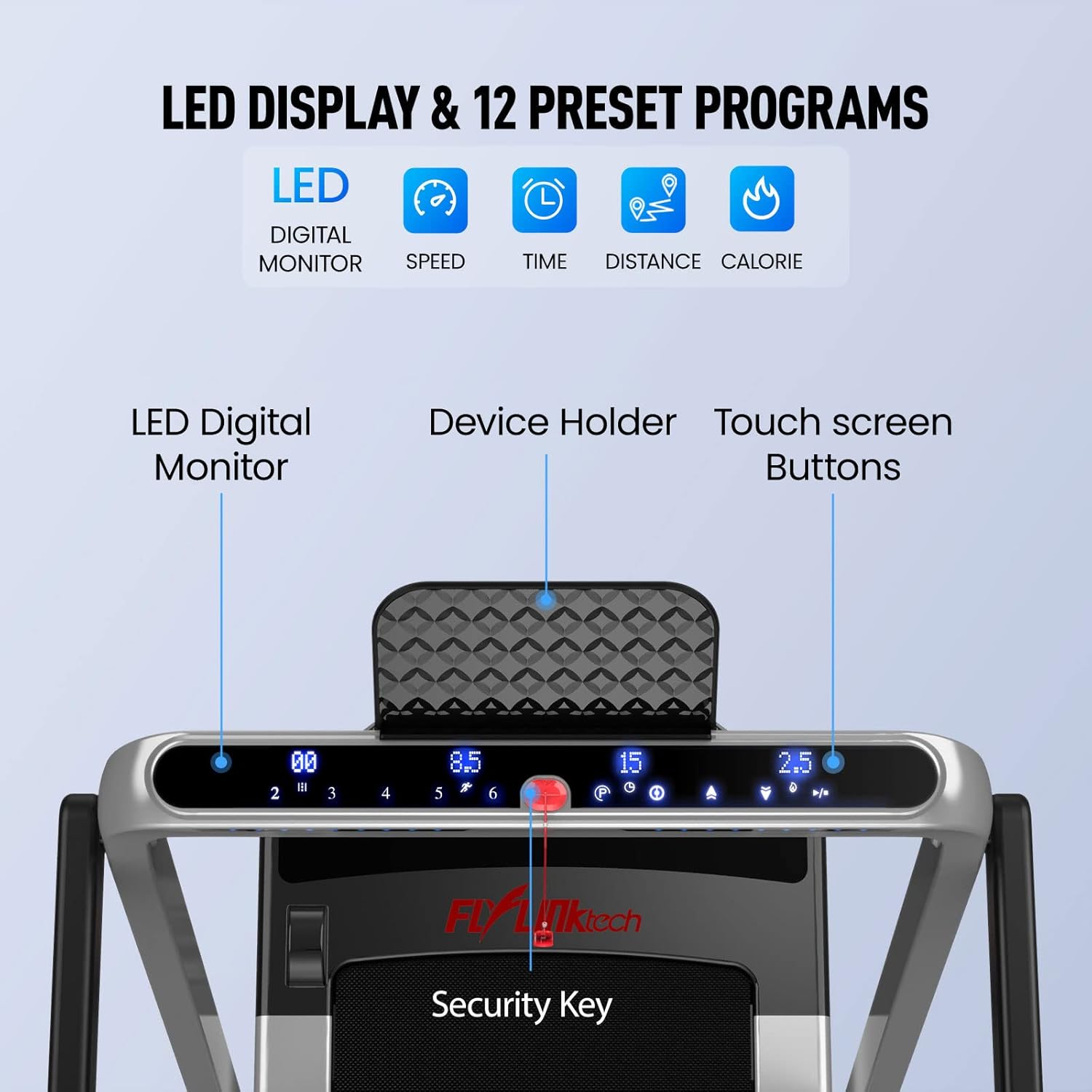 Close-up of the treadmill's control panel showing LED Digital Monitor, Device Holder, Touch screen Buttons, and Security Key slot.