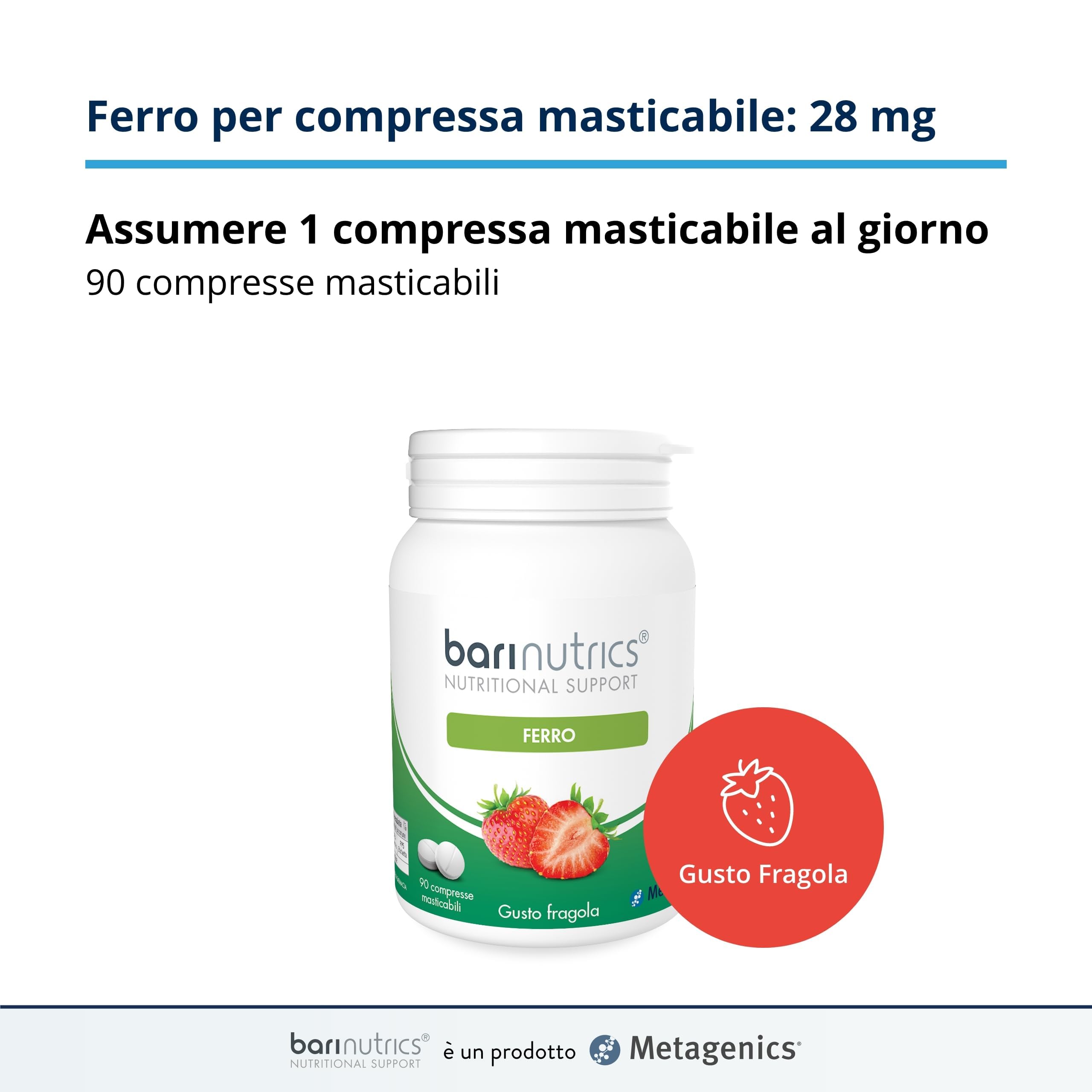 Metagenics BariNutrics Ferro - Integratore di Ferro per Stanchezza e Affaticamento - 90 Compresse Masticabili Gusto Fragola - Alta Assorbibilità e Tollerabilità Gastrica - Senza Glutine e Lattosio