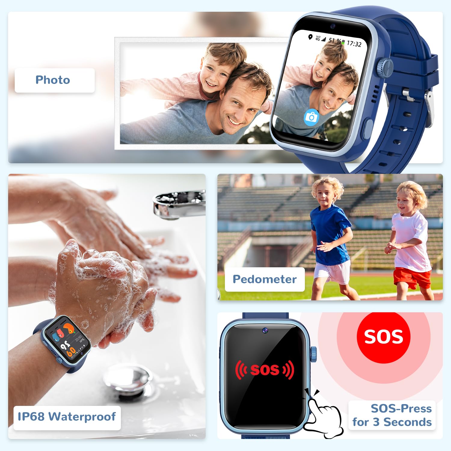 4G Reloj Inteligente Niño, Smartwatch Niños con GPS y Llamadas, Videollamadas, Chat de Voz, SMS, WhatsApp, SIM, SOS, Modo Escuela, WiFi, Localizador, Podómetro IP68 Reloj Niño y Niñas Azul Regalo — view 3