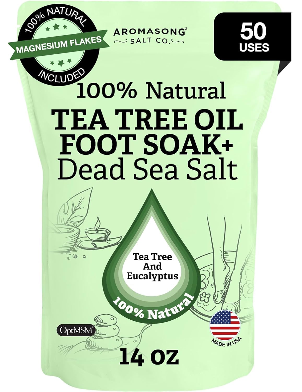 Aromasong Tea Tree Foot Soak with Dead Sea Salt & Magnesium Flakes – Refreshing Foot Bath Salts for Relaxation, Odor Control & Soft Skin (Packaging