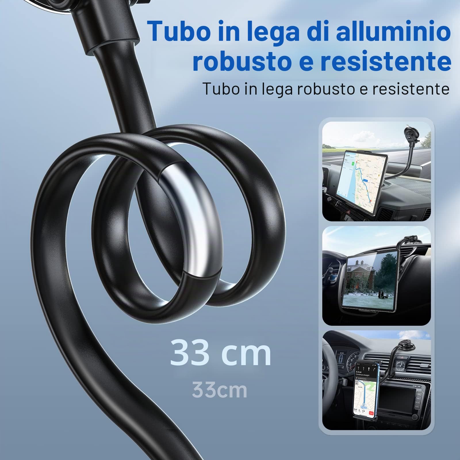 APPS2Car Supporto per parabrezza tablet 35,6 cm braccio lungo anti-vibrazione regolabile 360° 4-11 cali ventosa forte cruscotto camion furgoni