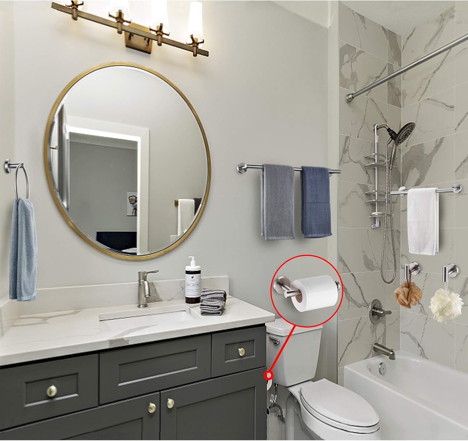 6 Pieces Brushed Nickel Bathroom Hardware Accessories Set Hand Towel Ring 18&23.6 inch Round Towel Bar Silver Toilet Paper Holder Towel Hooks 2 Pieces SUS 304 Stainless Steel,Heavy Duty,Wall Mounted: Kitchen & Dining