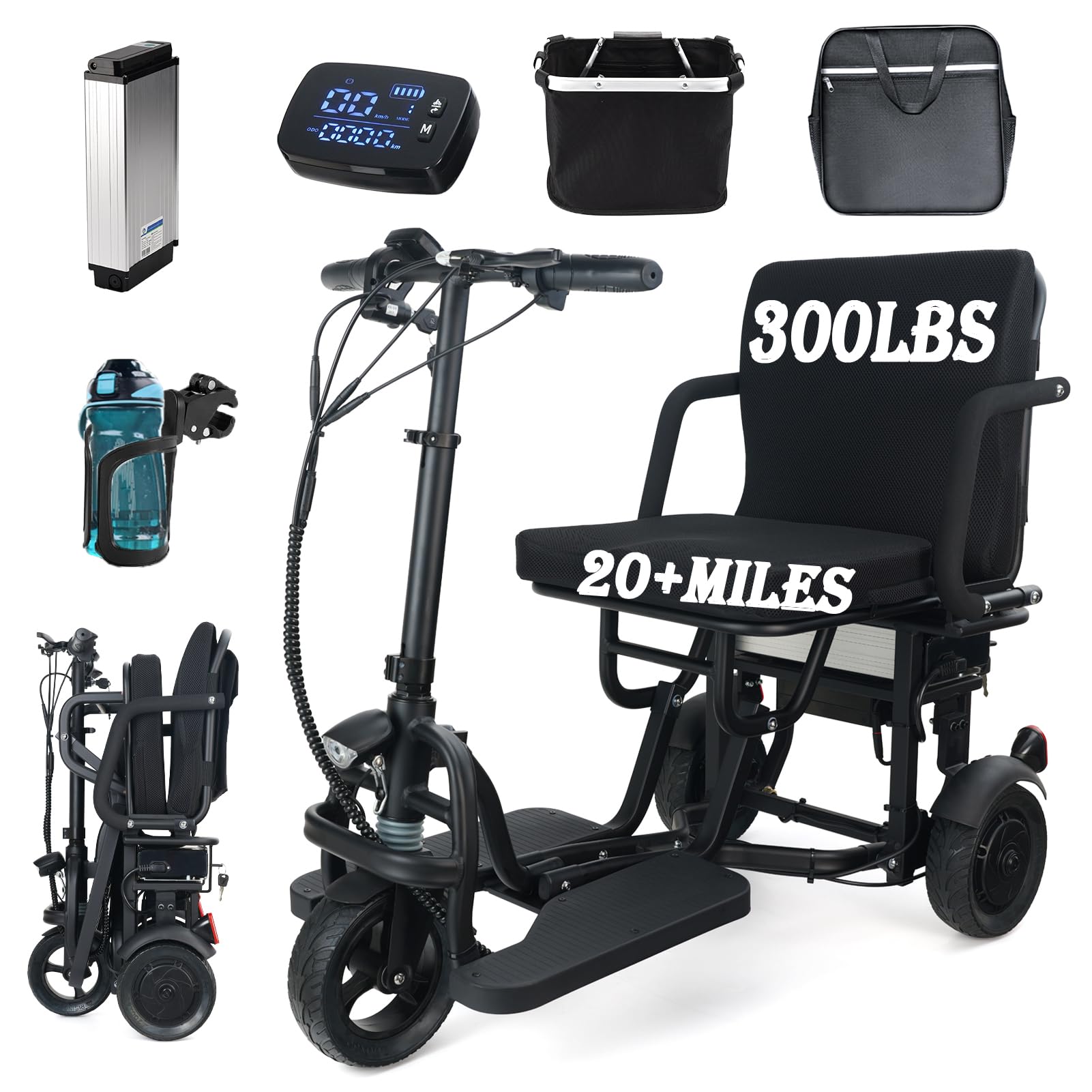 2025 New Upgrade Folding Mobility Scooters for Adults, 9.32mph 3 Wheel Ultra Lightweight Travel Portable Power Scooters for Seniors, with Automatic Cruise Control, with Basket & Cup Holde, Dust Cover