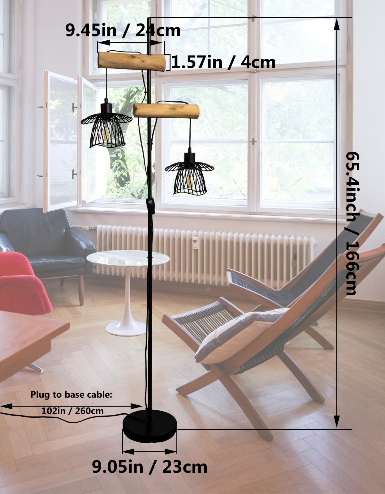Industrielle Stehlampe, 2 Schwarz Metall-Lampenschirmen | Naturholz Vintage Standleuchte, Unabhängige Schalter, Ohne Leuchtmittel, Wohnzimmer