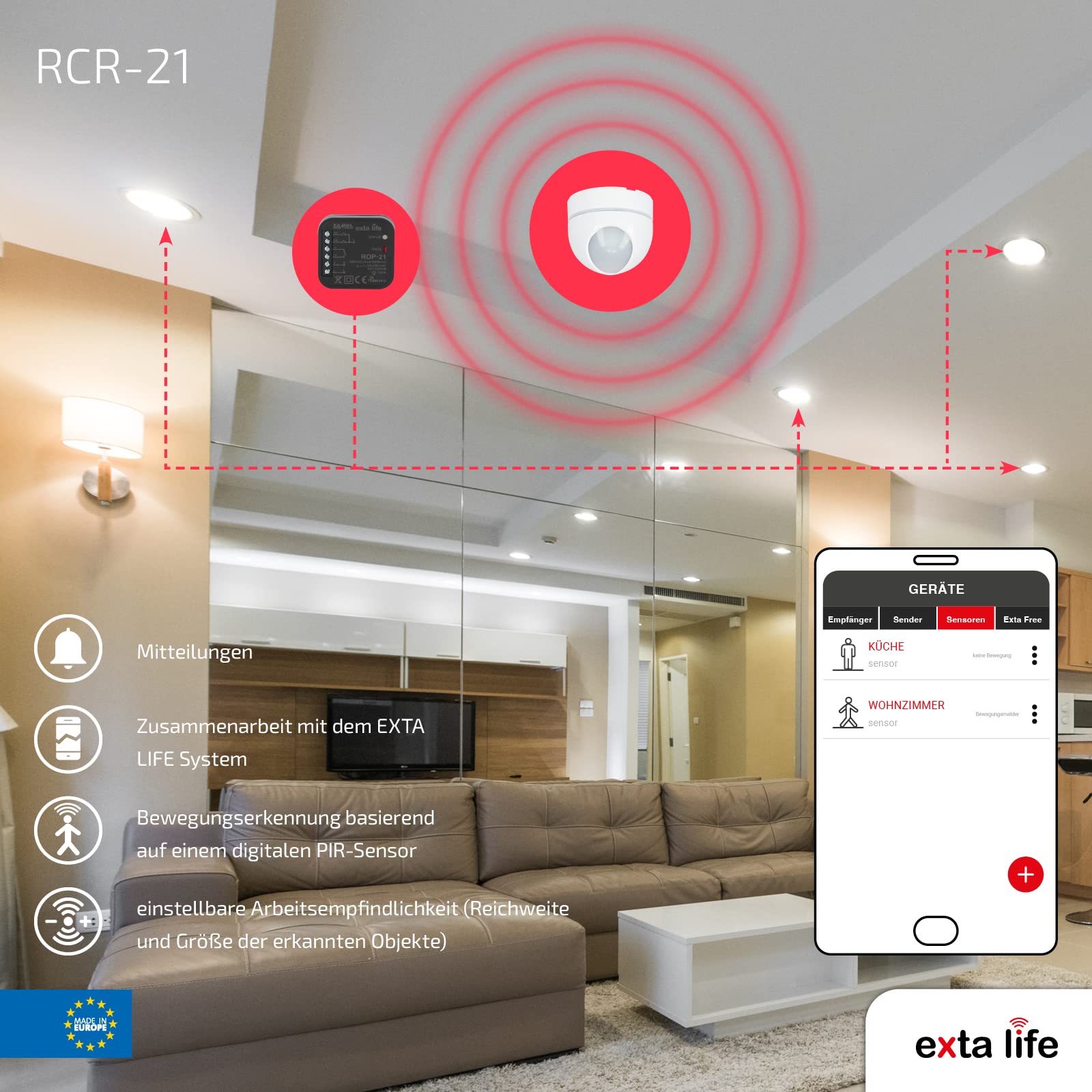 Zamel EXTA LIFE - Sensor de Movimiento inalámbrico con Base magnética RCR-21 I Alimentado por baterías I Señalización óptica de información enviada I Estado de Carga de la batería Equipada