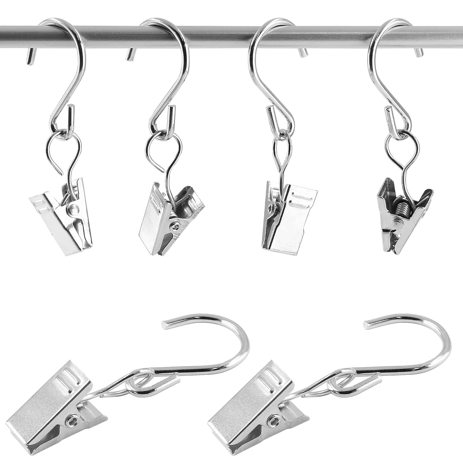 50 Clips à Rideaux En Acier Inoxydable - Petites Pinces Avec Crochets Pour Rideau De Douche Ou Fenêtre - Argenté, 0.85x1.8cm