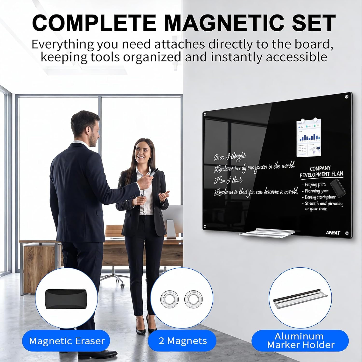 AFMAT Magnetic Black Glass Dry Erase Board, 48" x 36" Glass Blackboard, 4mm Tempered Glass w/Strong Magnetic Surface, Large Chalkboard for Wall, Frameless Wall Mounted for Office Home School