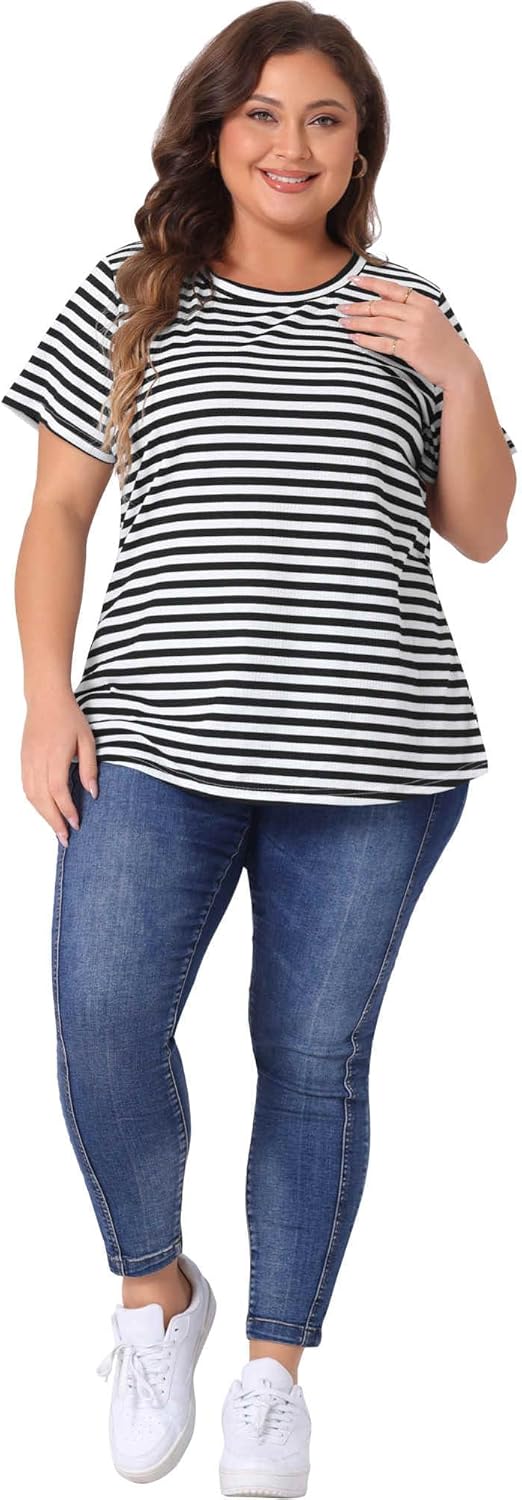 Agnes Orinda Plus Size Stripe t Shirt for Women Short Sleeve Crew Neck Rainbow Striped Top - Image 3