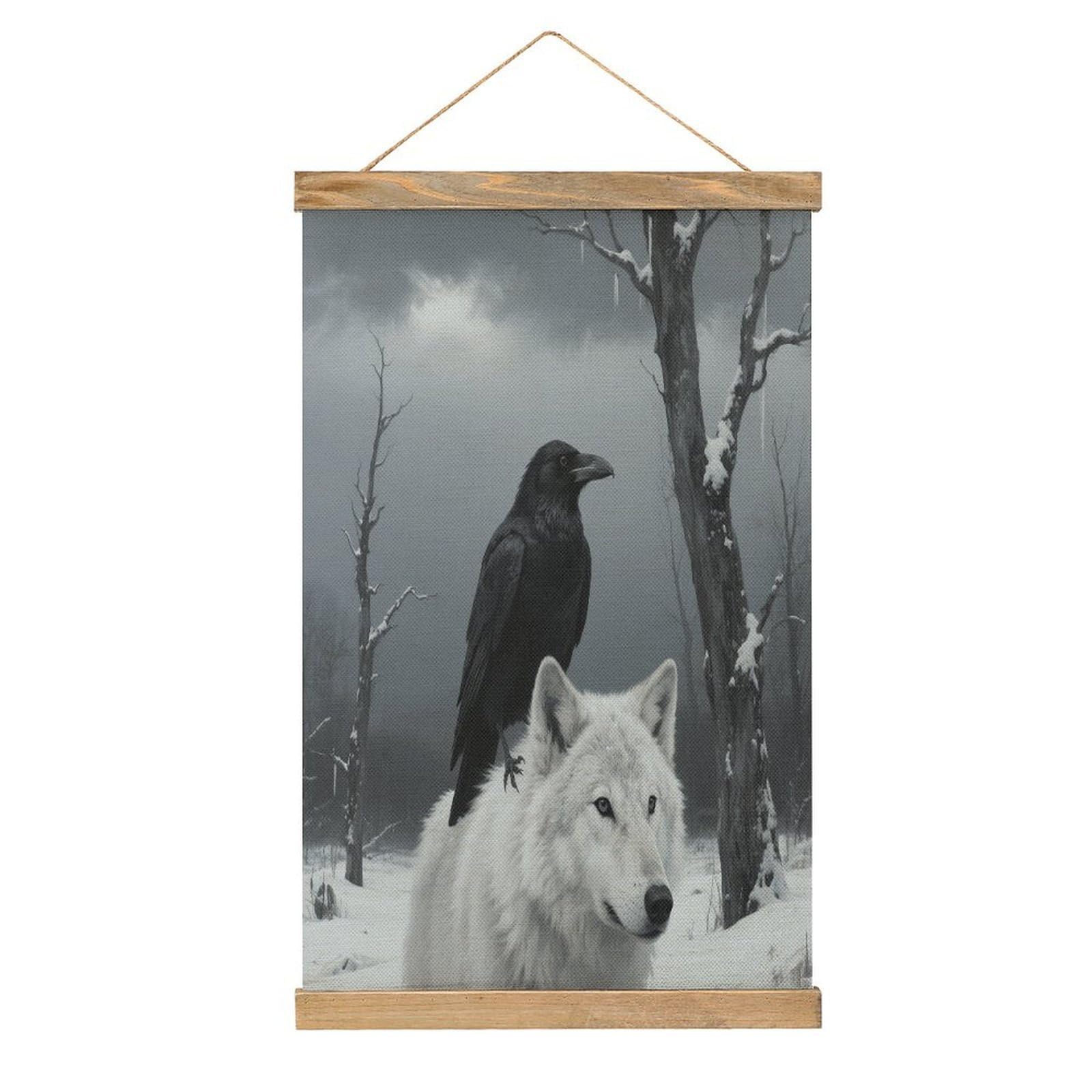 VstaDank Crow And White Wolf Hanging Poster with Wooden Frame Modern Linen Hanging Painting Retro Style Wall Decor Art Painting for Living Room,Bedroom Decor Poster Frame 20.4x13.1inch