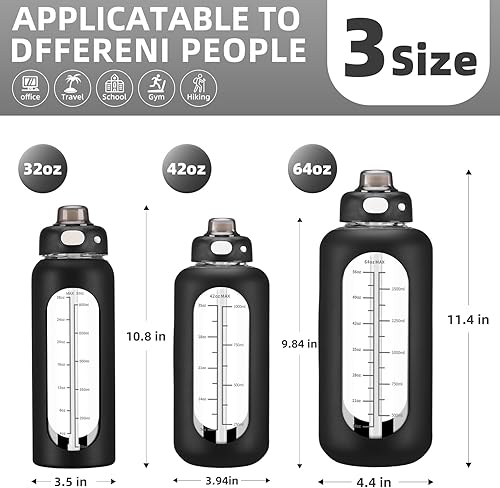 Miniatura 5 de SIEROZUR Botella de agua de vidrio de 64 onzas con pajilla, botella de agua motivacional deportiva de medio galón con funda de silicona y marcador