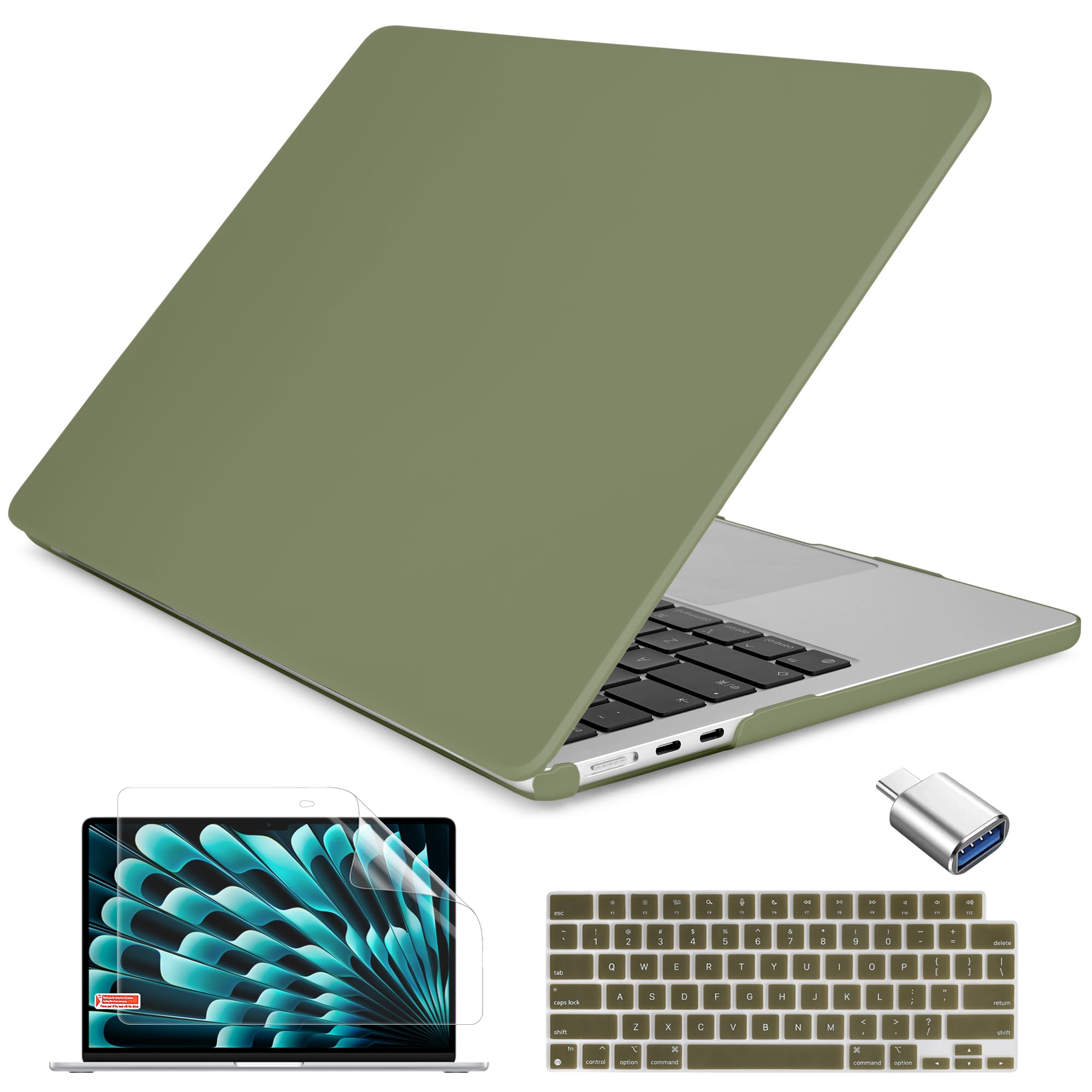 Batianda Compatible for New MacBook Air 15 inch Case 2025 M4 2024 M3 2023 M2 Chip Version, Rubberized Smooth Touch Plastic Protective Hard Shell with Screen Protector Keyboard Cover, Army Green