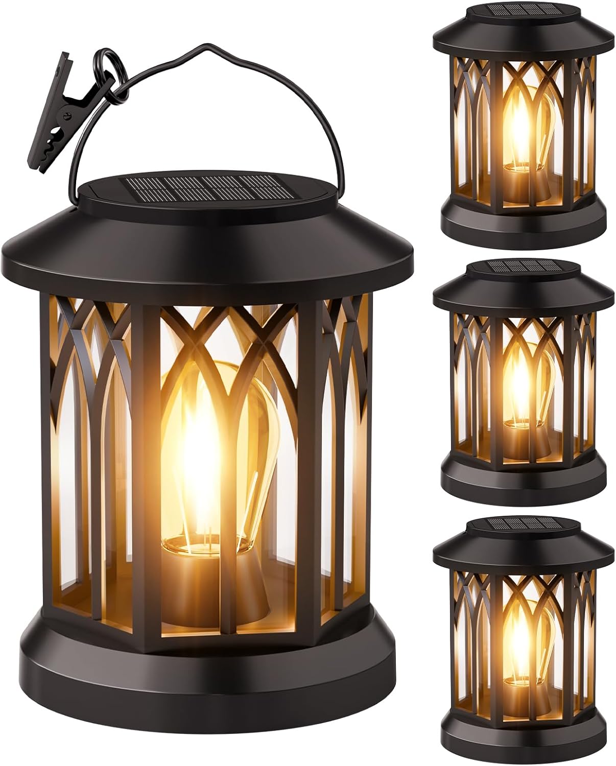 Solar Lanterns Outdoor Waterproof 4-Pack: Hanging Solar Lights for Outside Patio Decor for Garden Bright Black Modern Lanterns Decorative with Clips Gifts for Family Household Newlyweds - Warm Light