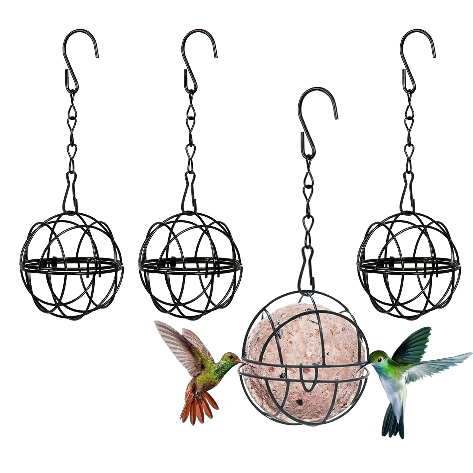 BRISKORE 4 soportes para bolas de masa para pájaros, comedero de metal para pájaros, comedero para pájaros, comedero con tapa abatible para jardín, aves silvestres, pinzones, gorriones