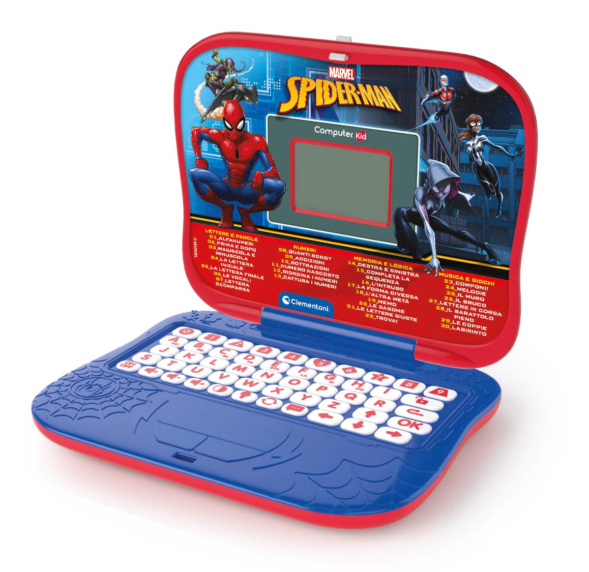 Clementoni - Computer Kid Spiderman Laptop Educativo Bambini 4+ Anni, 30 attività Educative, Gioco Elettronico per Imparare Lettere, Numeri, Musica e Logica, Batterie Incluse, Lingua Italiana, 16481