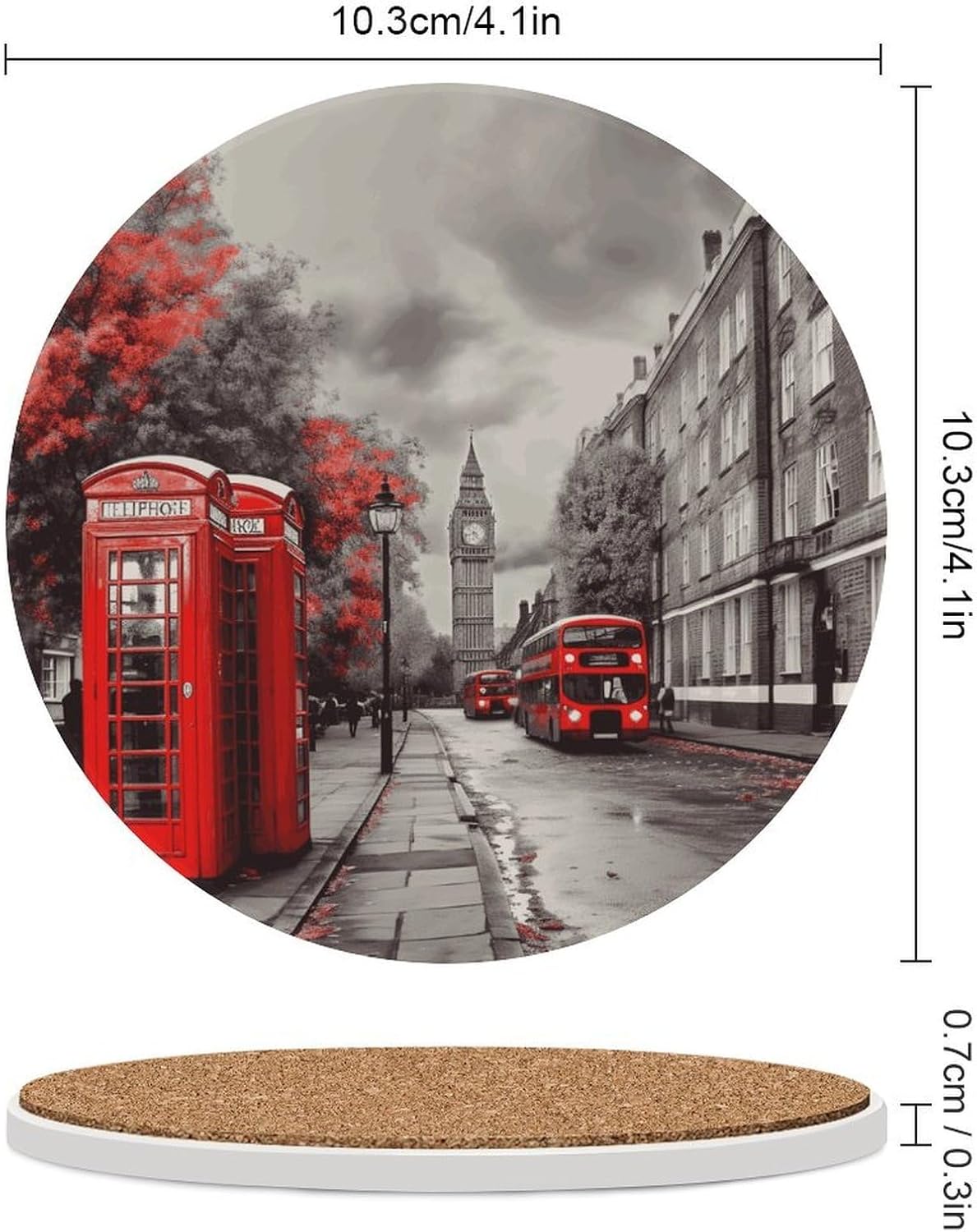 Red London Street Coasters for Drinks Absorbing Round Ceramic Stone Coaster with Cork Base Coffee Cup Beverage Table Cup Mat Modern Style Bar Coaster Set for Home Decor